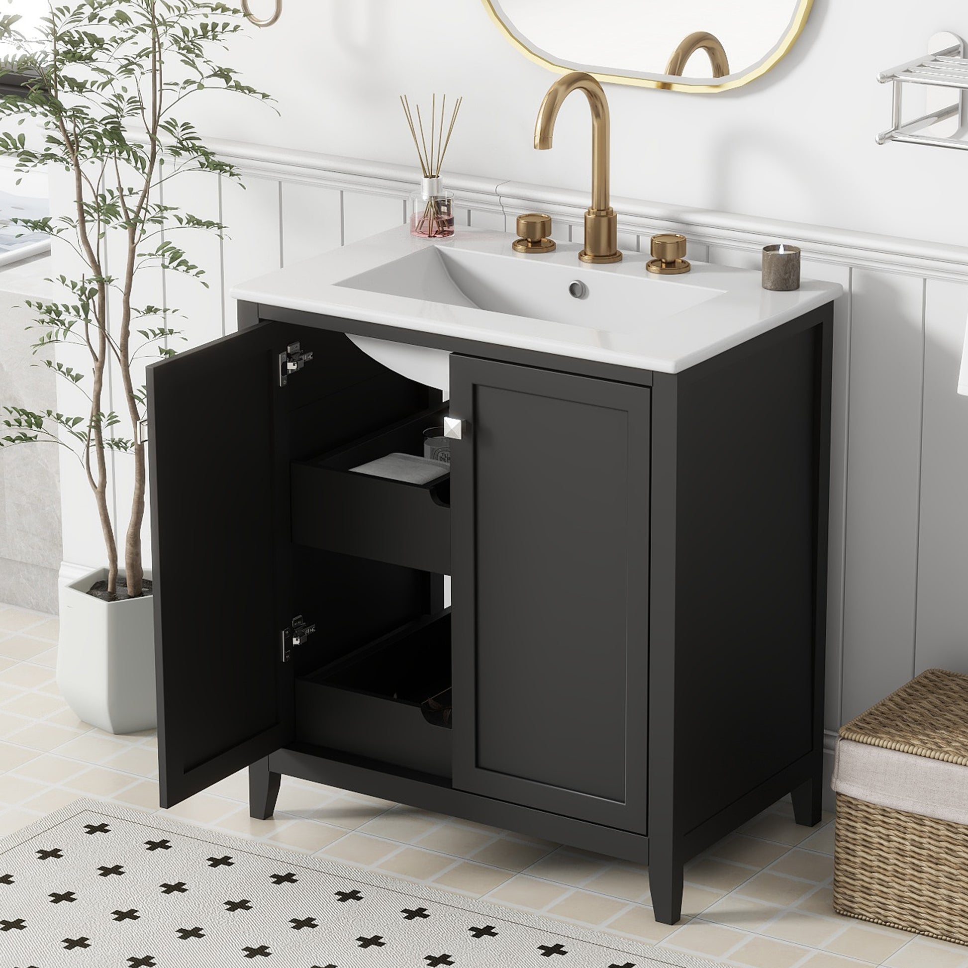 30Inch Freestanding Bathroom Vanity Combo With Ceramic Sink Shaker Style Vanities 2 Doors And 2 Drawers Black Bathroom Solid Wood Mdf