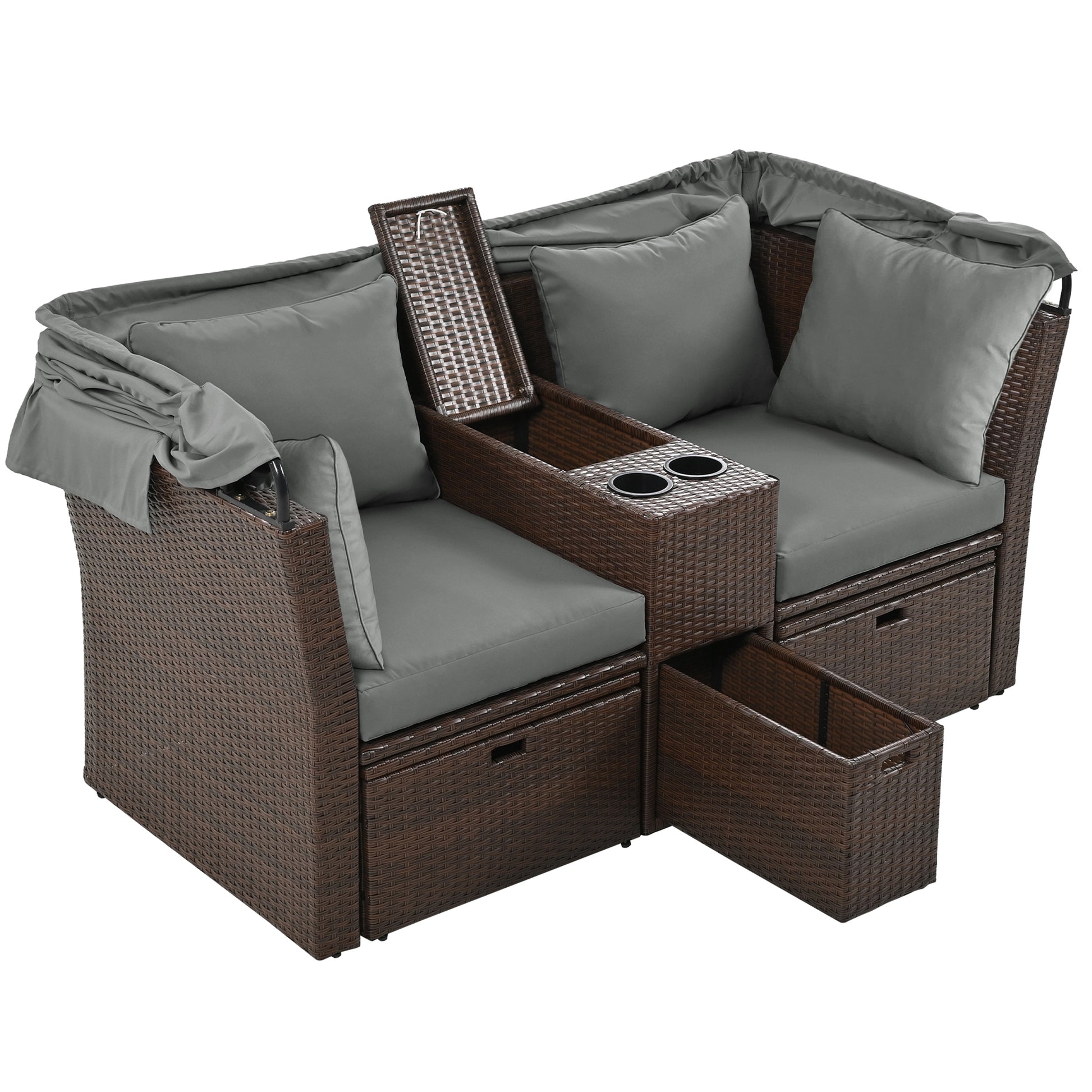 2 Seater Outdoor Patio Daybed Outdoor Double Daybed Outdoor Loveseat Sofa Set With Foldable Awning And Cushions For Garden, Balcony, Poolside, Grey Yes Grey Water Resistant Frame Water Resistant Cushion Garden & Outdoor Sectional Seating Groups Foam