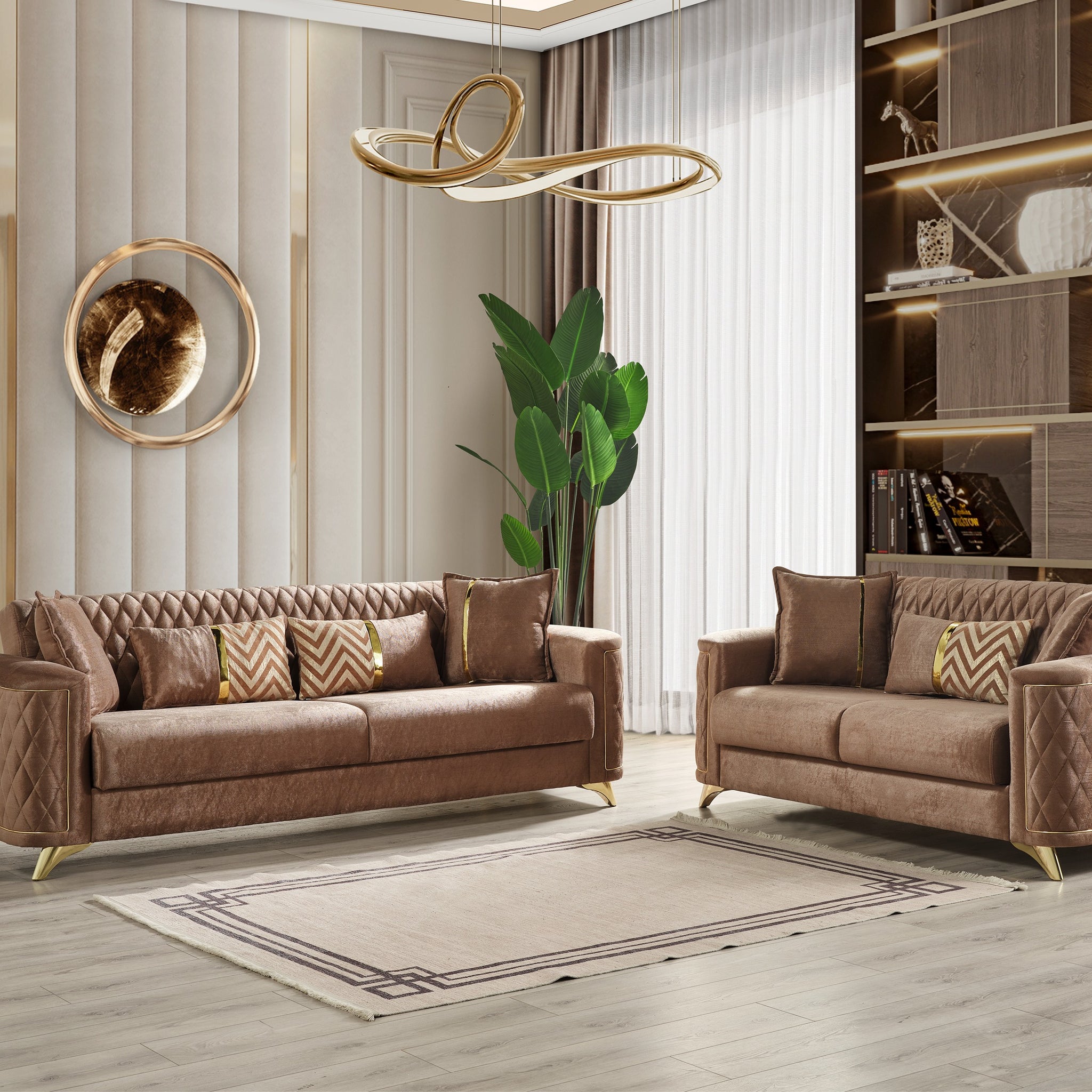 Luna 2Pc Modern Living Room Set In Copper Copper Velvet Wood Primary Living Space Tight Back Contemporary,Modern Upholstered Wood 5 Seat