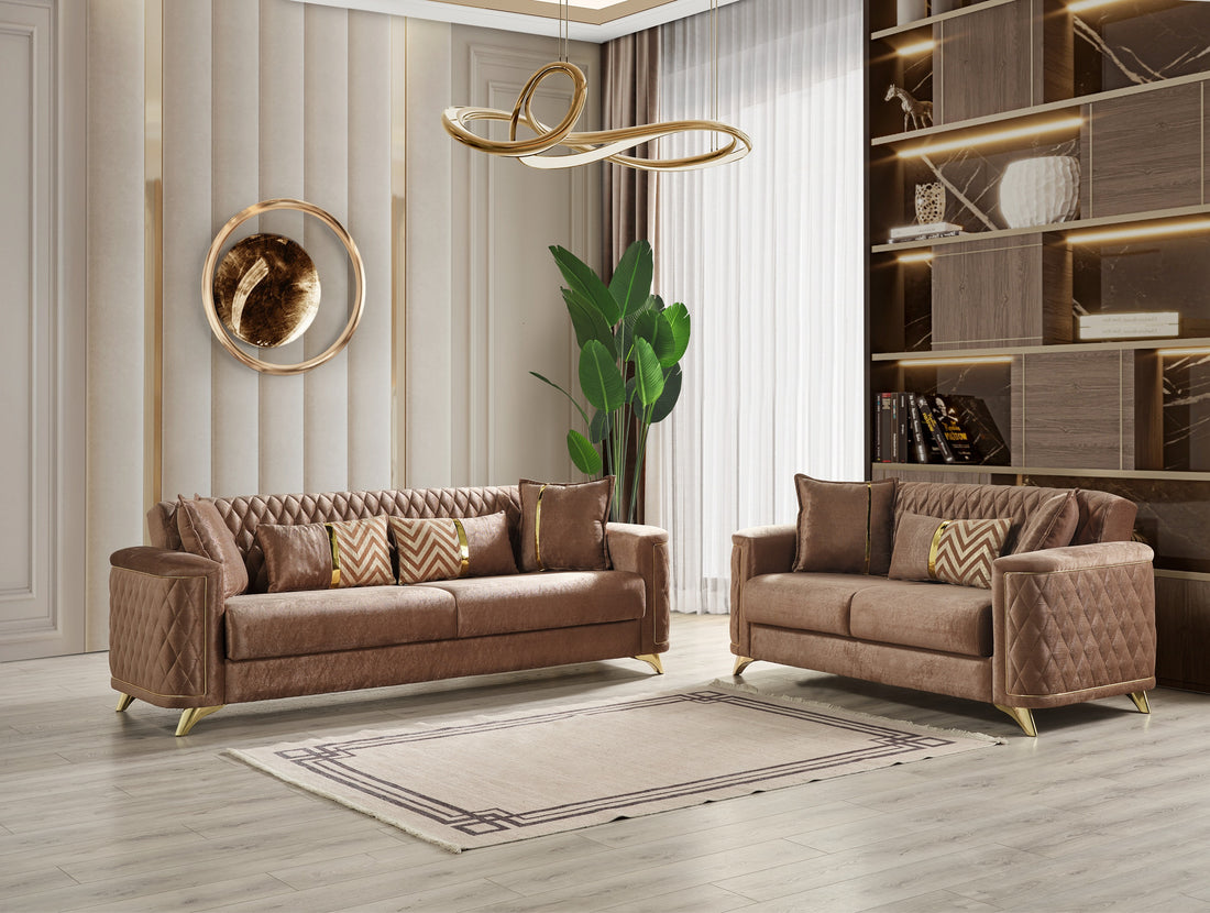 Luna 2Pc Modern Living Room Set In Copper Copper Velvet Wood Primary Living Space Tight Back Contemporary,Modern Upholstered Wood 5 Seat