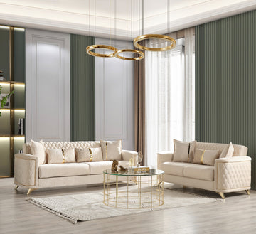 Luna 2Pc Modern Living Room Set In Ivory Ivory Velvet Wood Primary Living Space Contemporary,Modern Upholstered Wood 5 Seat