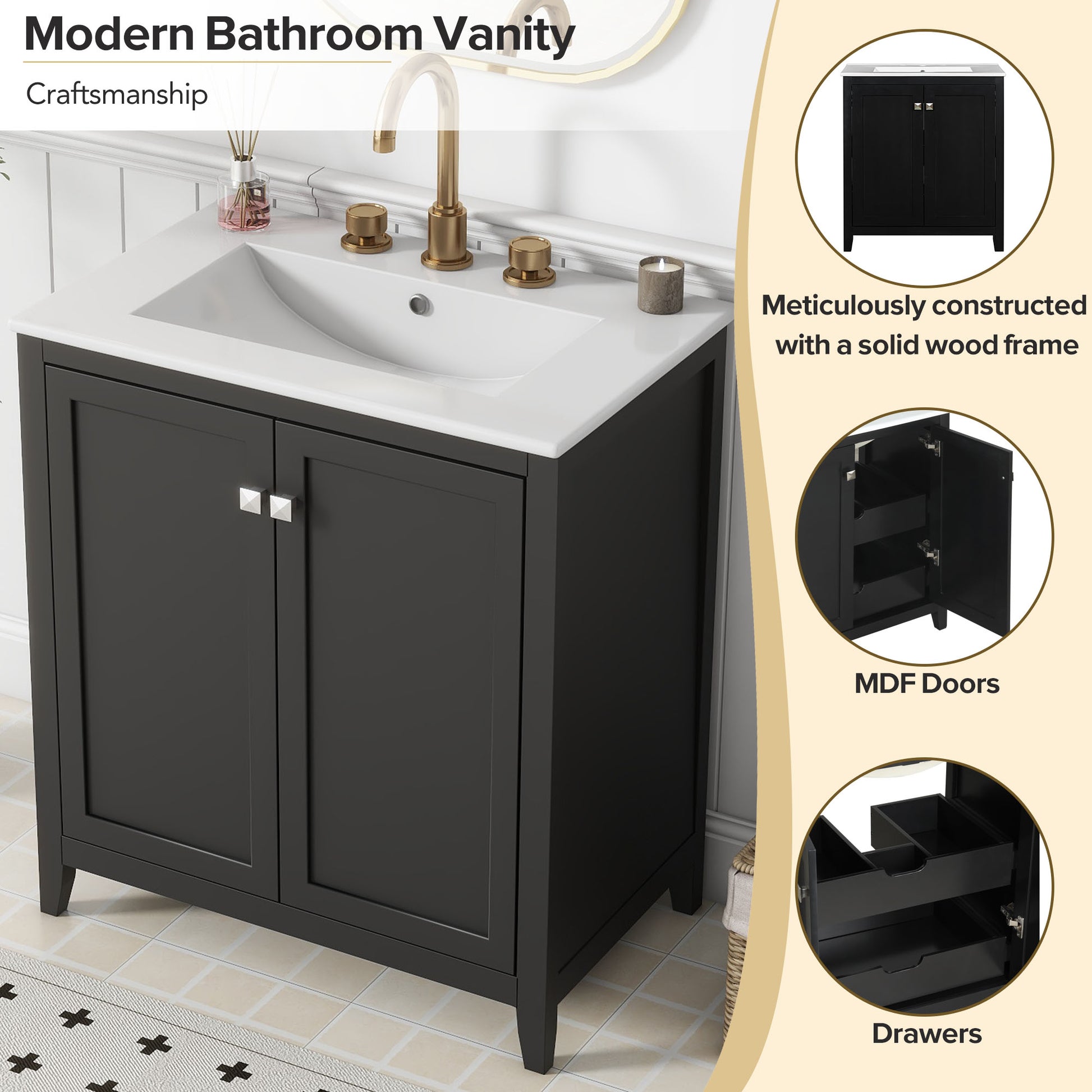 30Inch Freestanding Bathroom Vanity Combo With Ceramic Sink Shaker Style Vanities 2 Doors And 2 Drawers Black Bathroom Solid Wood Mdf