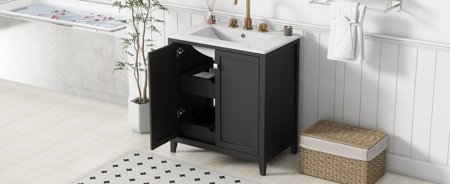 30Inch Freestanding Bathroom Vanity Combo With Ceramic Sink Shaker Style Vanities 2 Doors And 2 Drawers Black Bathroom Solid Wood Mdf