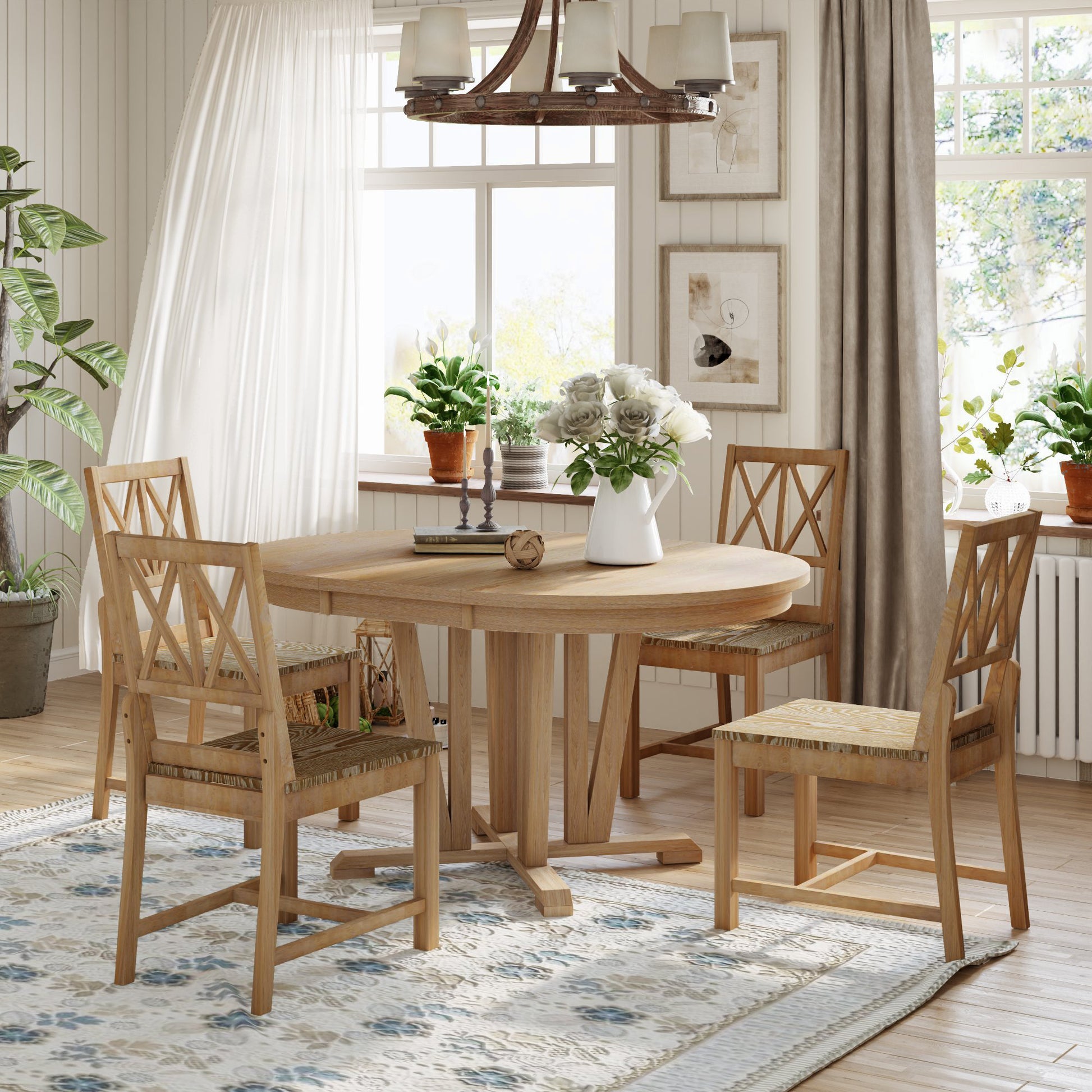 Rustic 5 Piece Extendable Dining Table Set Round Trestle Table And 4 Cross Back Dining Chairs For Kitchen, Dining Room, Natural Wood Dining Room Solid Wood Rubberwood Round Dining Table With Chair Wood Wood Natural Solid Back Seats 4 Removable Leaf