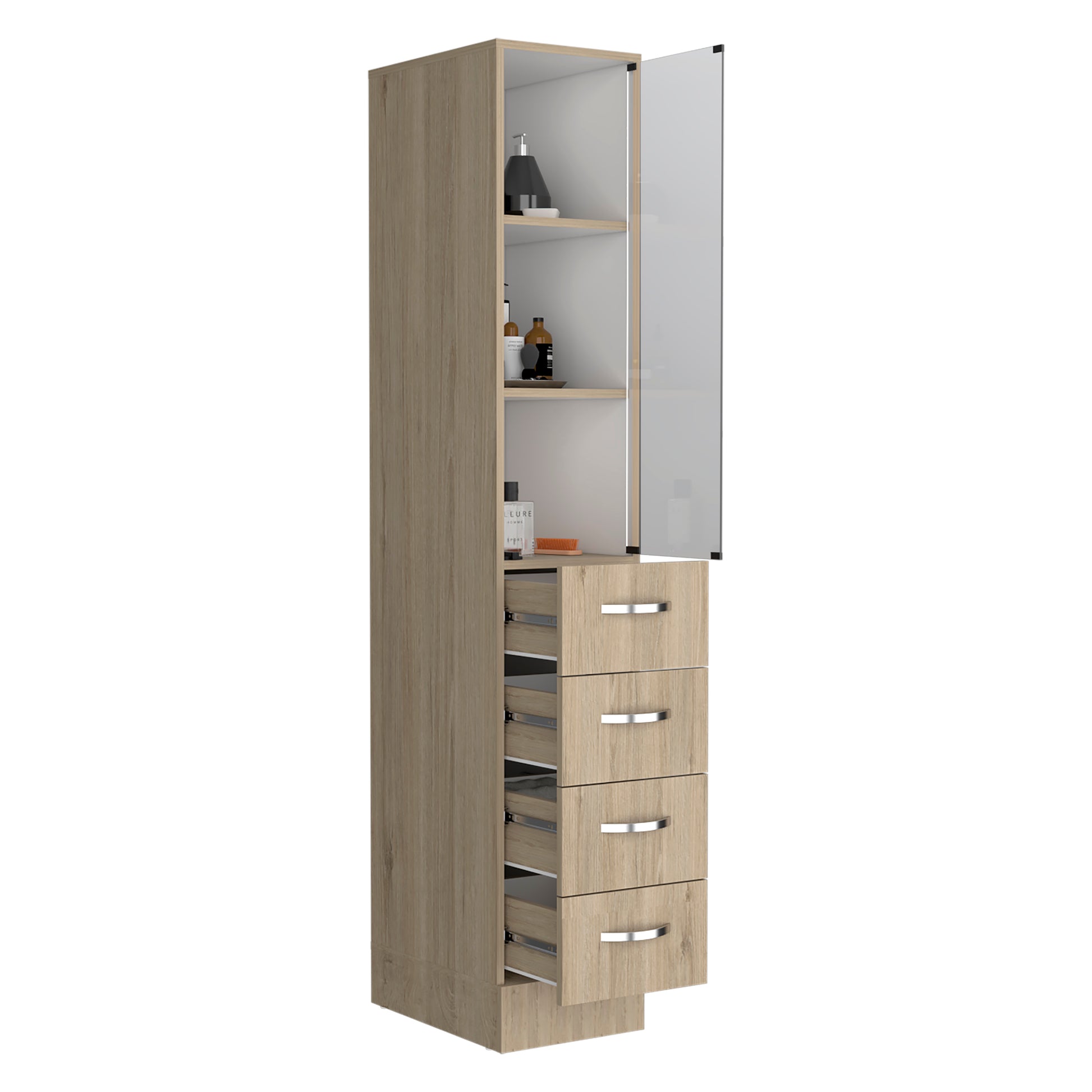 Vanguard Linen Cabinet, Three Shelves, Four Drawers Light Pine White 3 Multicolor 3 60 In & Above Bathroom Freestanding Modern Particle Board Particle Board