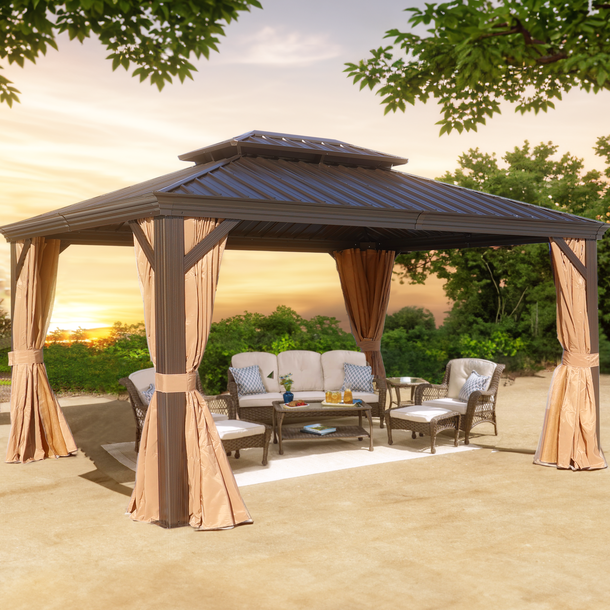 10X12Ft Hardtop Gazebo With Netting & Curtain, Brown Brown Rectangular Garden & Outdoor Uv Resistant Gazebos Anchored Aluminium Alloy