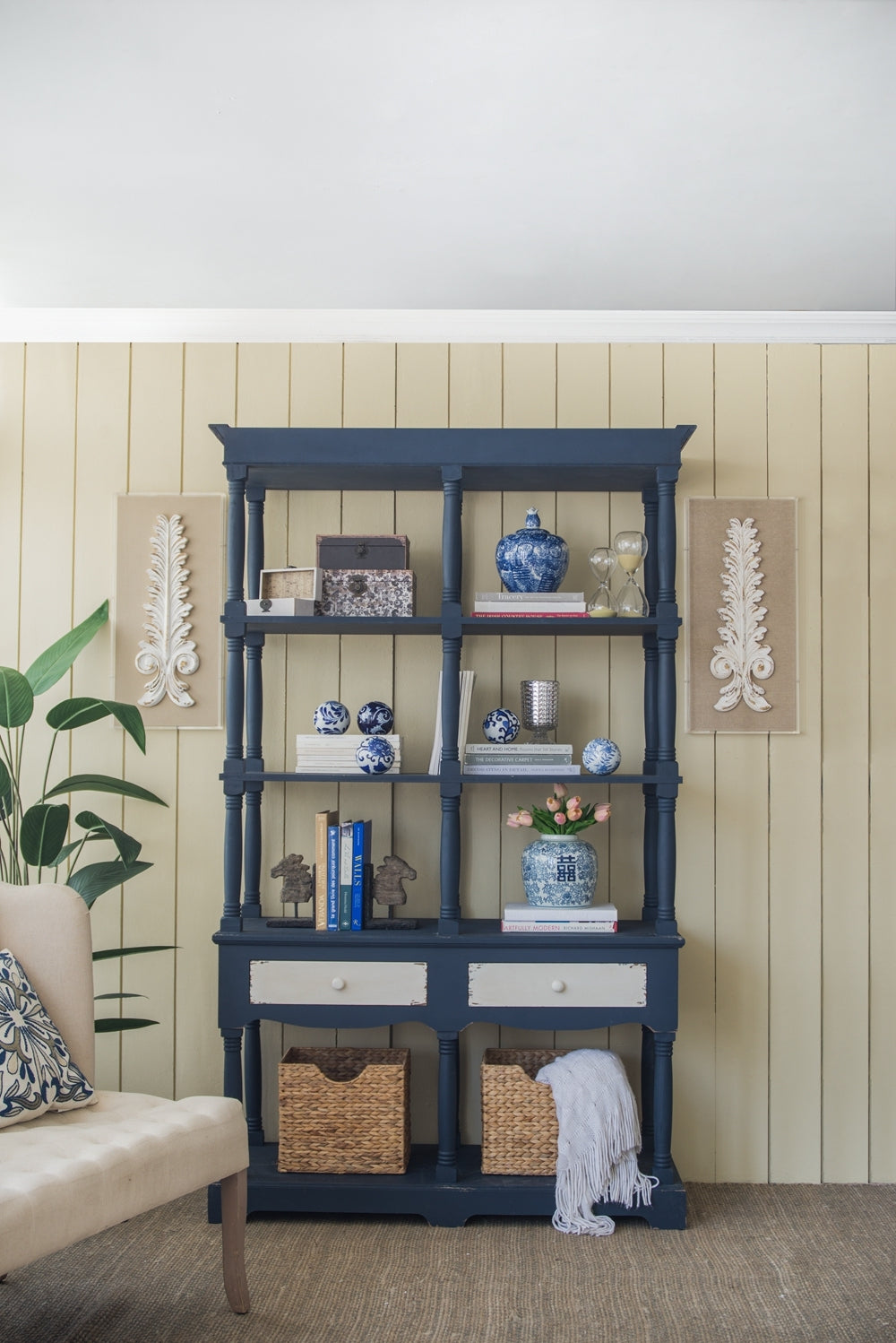 51X19.5X81.5", Blue Four Tiered Wooden Shelf With Two Drawers, Farmhouse Wood Bookcase Display Storage Shelf Etageres Antique Navy Blue Antique,Boho,Farmhouse,French Country Wood