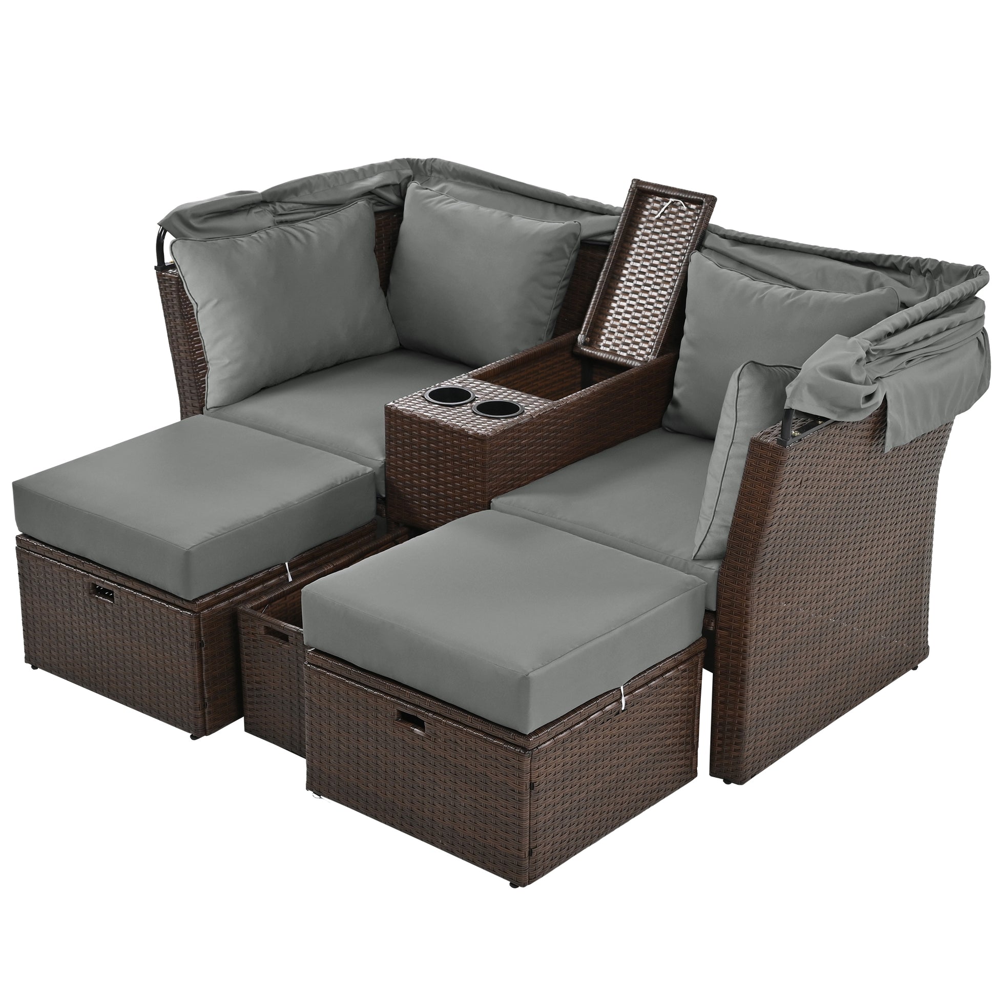 2 Seater Outdoor Patio Daybed Outdoor Double Daybed Outdoor Loveseat Sofa Set With Foldable Awning And Cushions For Garden, Balcony, Poolside, Grey Yes Grey Water Resistant Frame Water Resistant Cushion Garden & Outdoor Sectional Seating Groups Foam