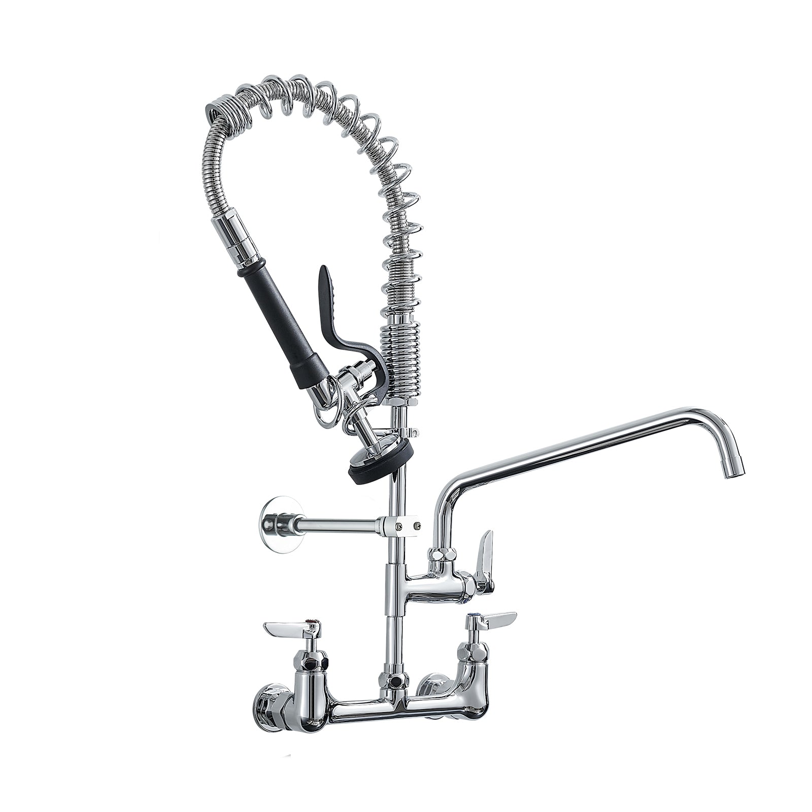 Commercial Kitchen Faucet Deck Mount With Pre Rinse Sprayer 21" Height Kitchen Sink Faucet 8 Inch Center With 10" Add On Swing Spout Faucet & Coiled Spring Pull Down Spray Chrome Kitchen