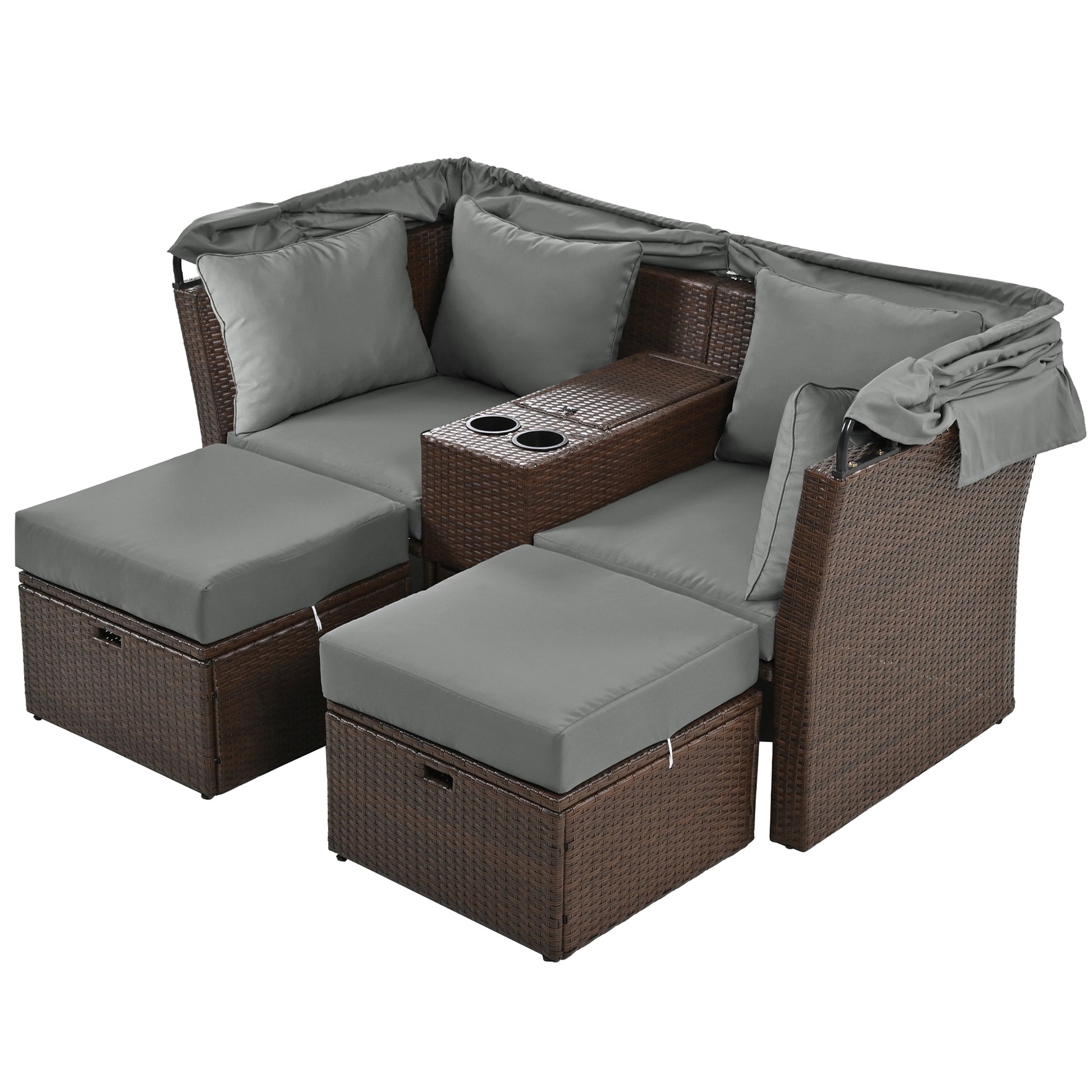 2 Seater Outdoor Patio Daybed Outdoor Double Daybed Outdoor Loveseat Sofa Set With Foldable Awning And Cushions For Garden, Balcony, Poolside, Grey Yes Grey Water Resistant Frame Water Resistant Cushion Garden & Outdoor Sectional Seating Groups Foam