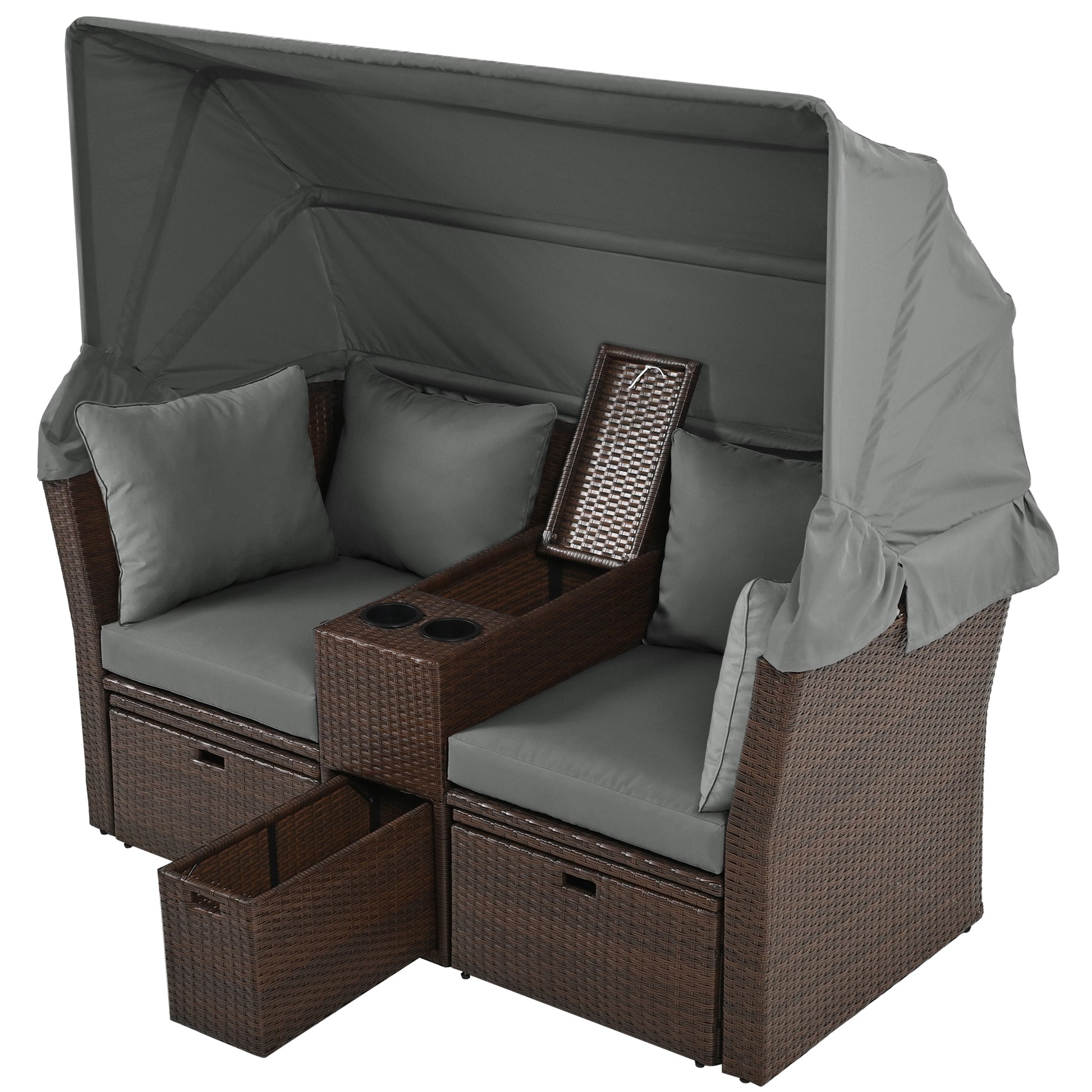 2 Seater Outdoor Patio Daybed Outdoor Double Daybed Outdoor Loveseat Sofa Set With Foldable Awning And Cushions For Garden, Balcony, Poolside, Grey Yes Grey Water Resistant Frame Water Resistant Cushion Garden & Outdoor Sectional Seating Groups Foam