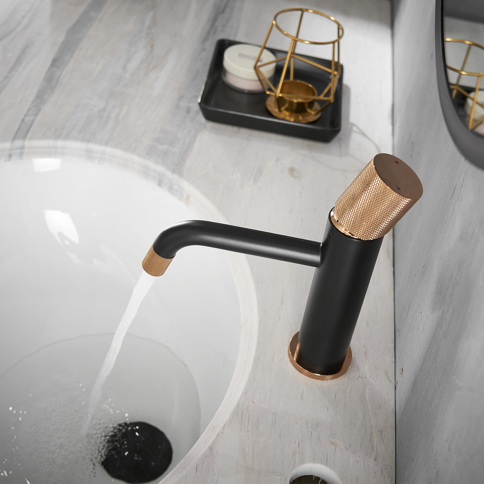 Faucets,Gold Rose Faucet Brass Bathroom Basin Faucet Knurling Design Deck Mounted Water Mixer Tap Bathroom Joystick Geometric One Black Gold Side Sprayer Deck Mounted Cartridge Valve Single Hole Faucets Matte Black Contemporary 1 Hole Faucets Ceramic