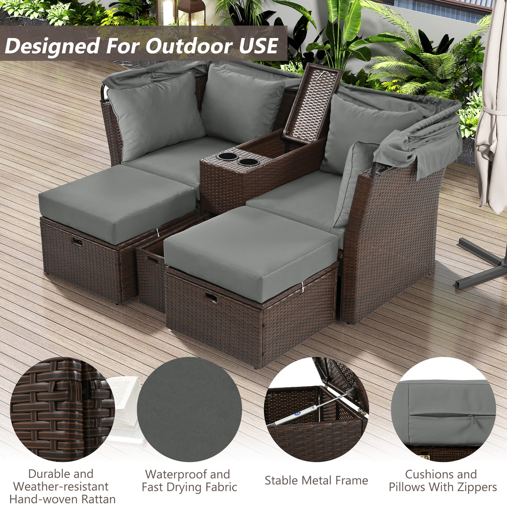 2 Seater Outdoor Patio Daybed Outdoor Double Daybed Outdoor Loveseat Sofa Set With Foldable Awning And Cushions For Garden, Balcony, Poolside, Grey Yes Grey Water Resistant Frame Water Resistant Cushion Garden & Outdoor Sectional Seating Groups Foam