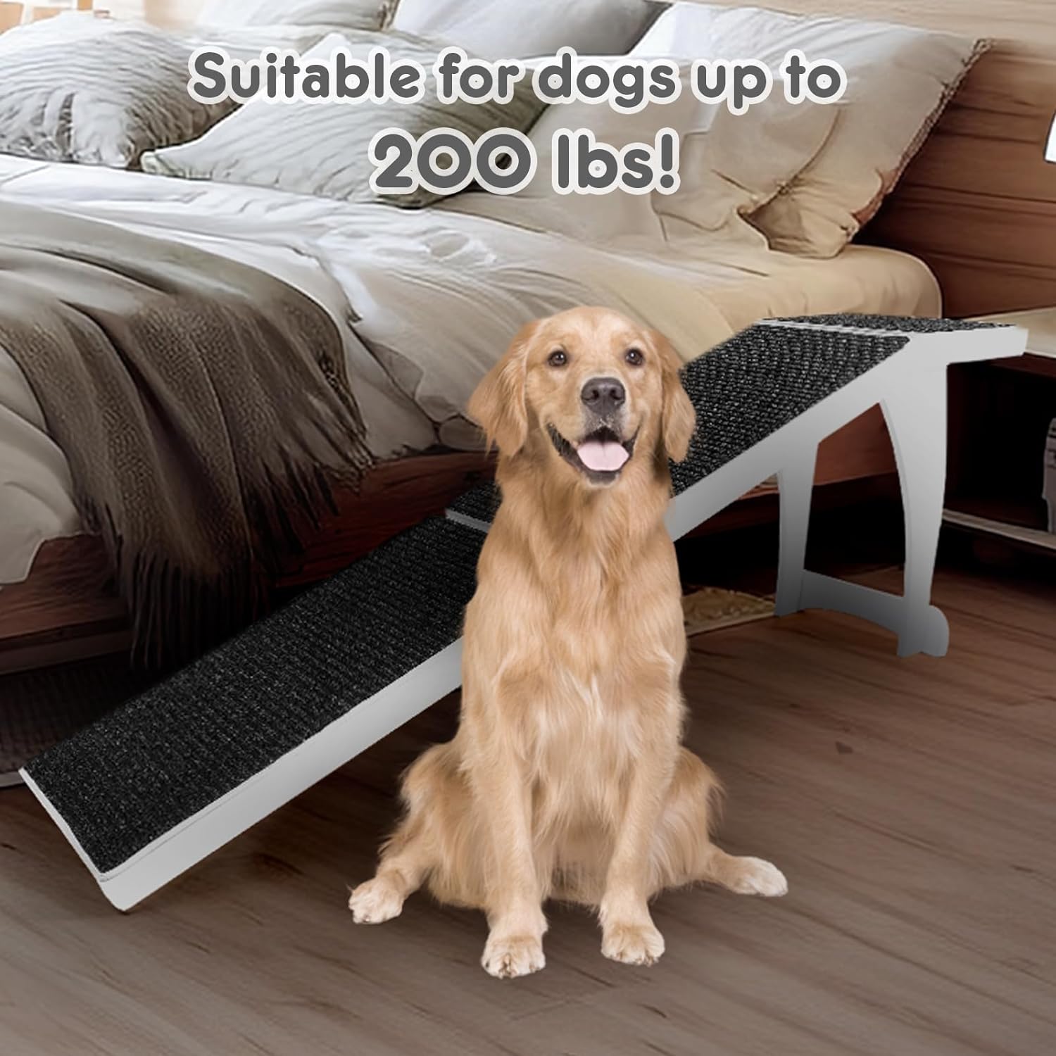 Dog Ramp For High Bed, Pet Bed Ramp, Dog Stairs, Cat Ramp, Dog Steps For Elevated Surface Up To 28", Suitable For Small To Extra Large Dogs 71 Inches White Wood