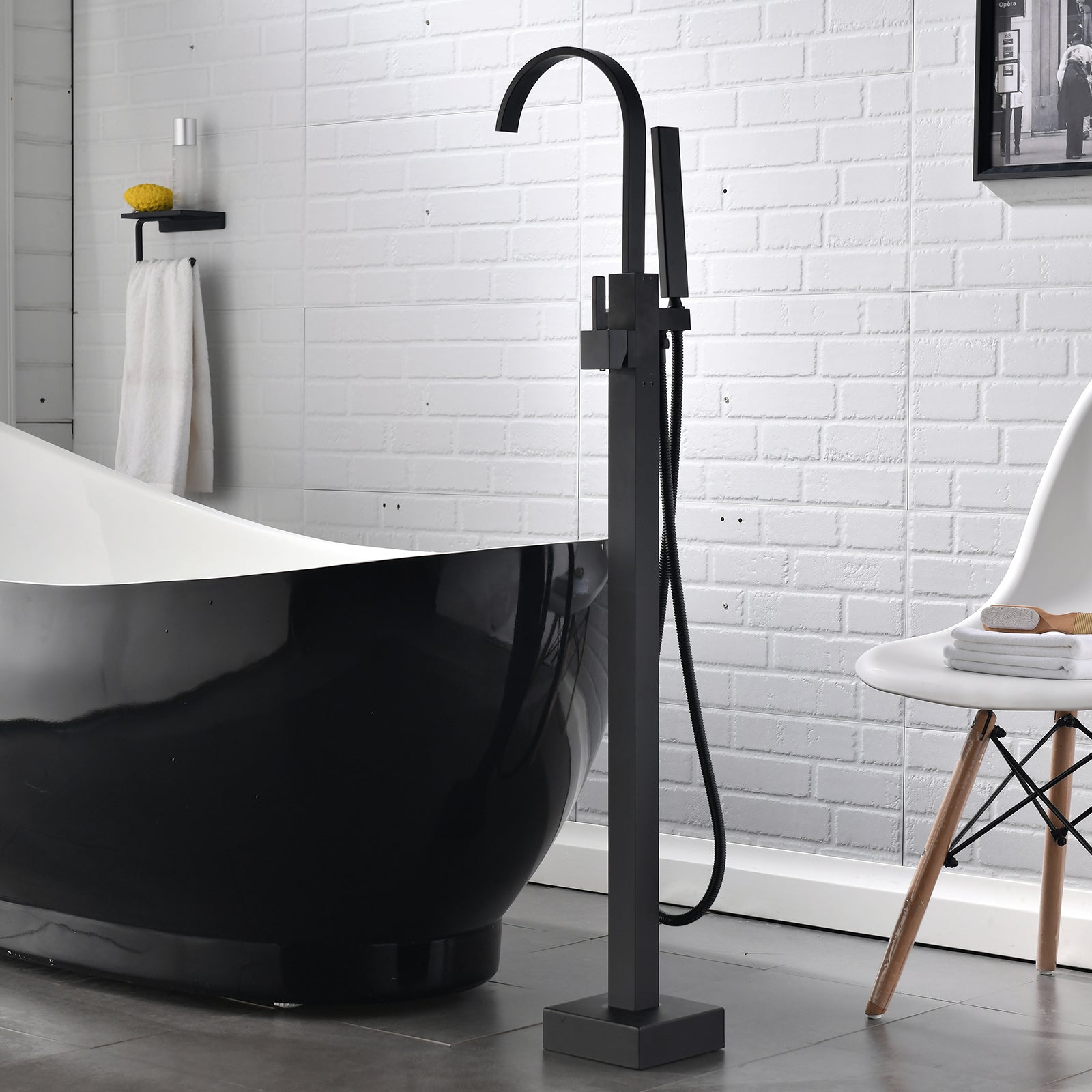 Single Handle Freestanding Tub Filler Floor Mount Bathtub Faucet With Handheld Shower Brushed Nickel Bathroom Joystick Claw Foot Tub Faucets Curved Two Black Pull Out Floor Mounted Cartridge Valve Single Hole Faucets Matte Black Classic,Modern 1 Hole