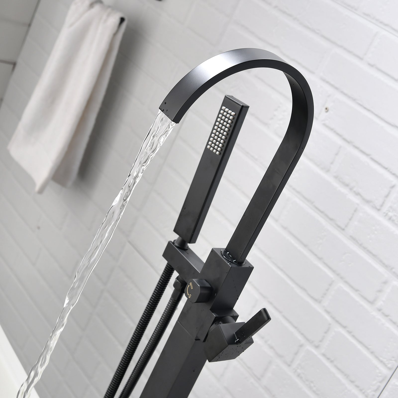 Single Handle Freestanding Tub Filler Floor Mount Bathtub Faucet With Handheld Shower Brushed Nickel Bathroom Joystick Claw Foot Tub Faucets Curved Two Black Pull Out Floor Mounted Cartridge Valve Single Hole Faucets Matte Black Classic,Modern 1 Hole