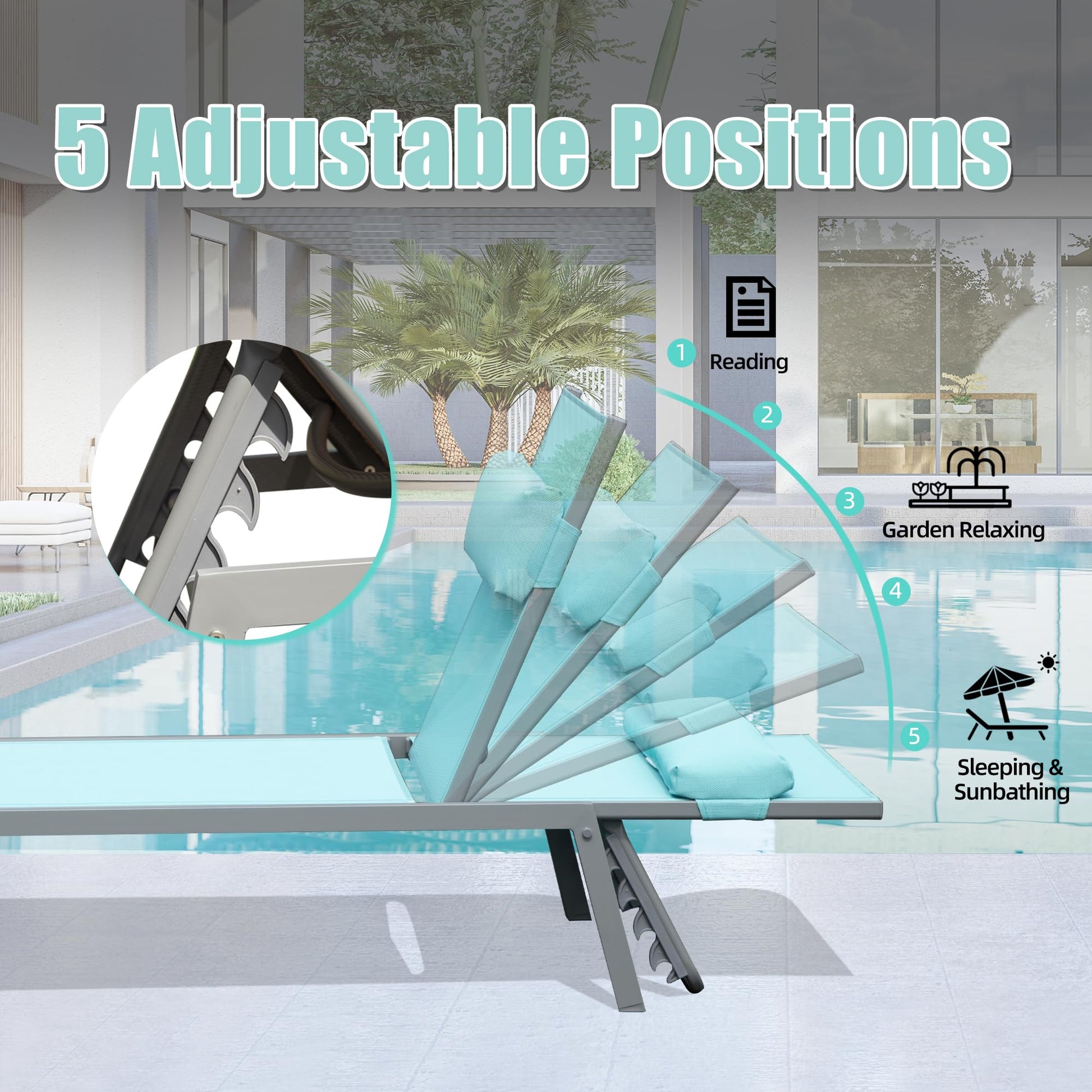 Patio Chaise Lounge Set Of 3, Aluminum Pool Lounge Chairs With Side Table, Outdoor Adjustable Recliner All Weather For Poolside, Beach, Yard, Balcony Lake Blue Lake Blue Aluminum