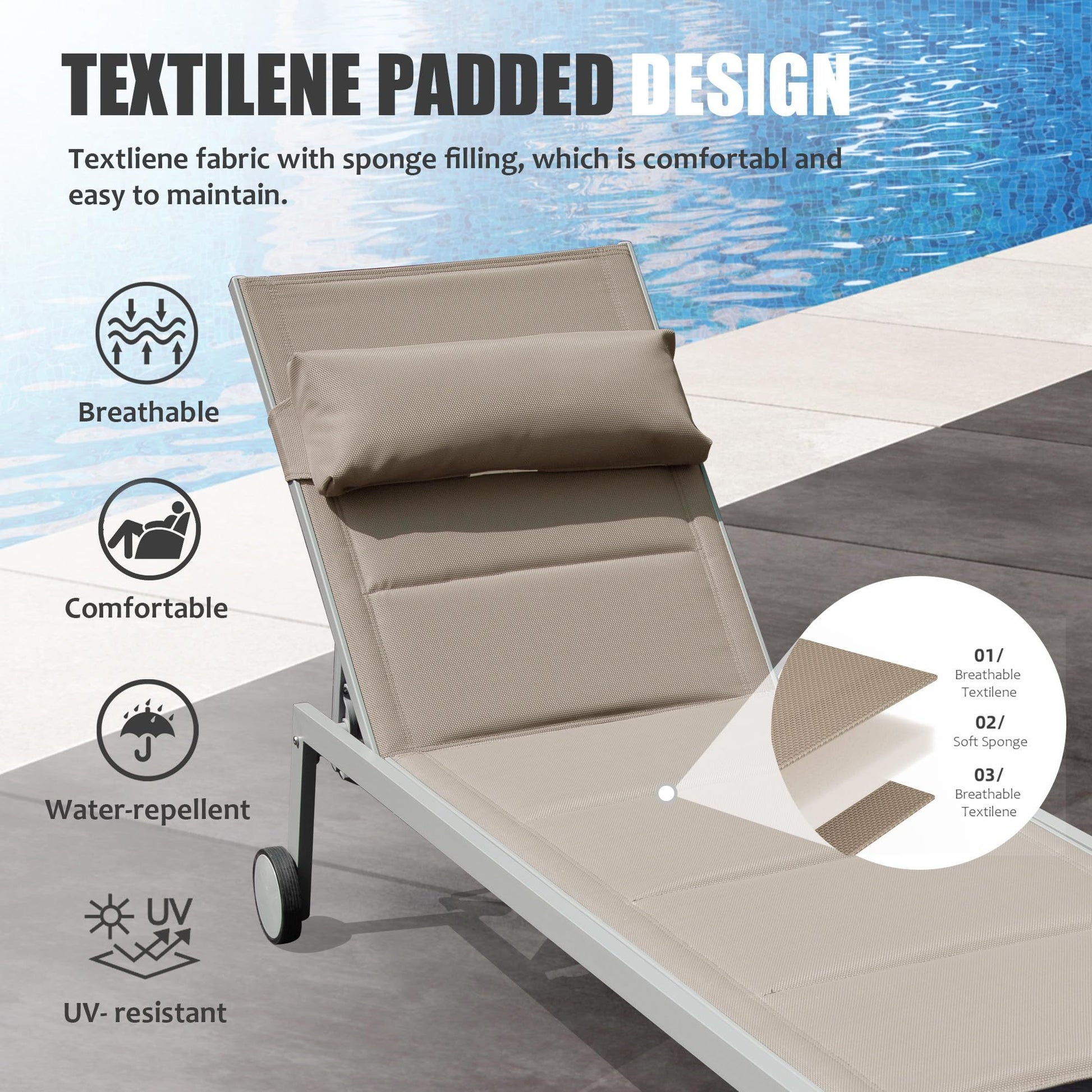 Outdoor Patio Chaise Lounge Set Of 3, Aluminum Pool Lounge Chairs With Side Table And Wheels, Textilene Padded Adjustable Recliner All Weather For Poolside, Beach, Yard, Balcony Khaki Khaki Aluminum