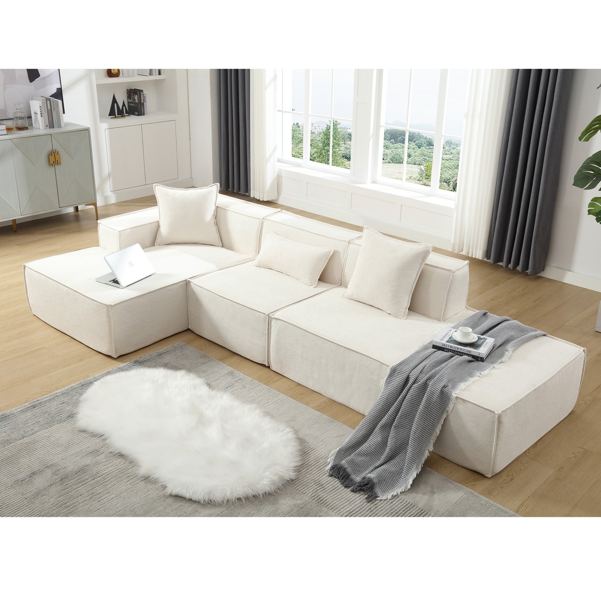 Modular Combination Living Room Sofa Set, Modern Minimalist Sofa, Free Installation Sofa, L Shaped, Italian Minimalist Tofu Block Sofa, Left Hand Facing,Terrycloth Fabricbeige Beige Polyester