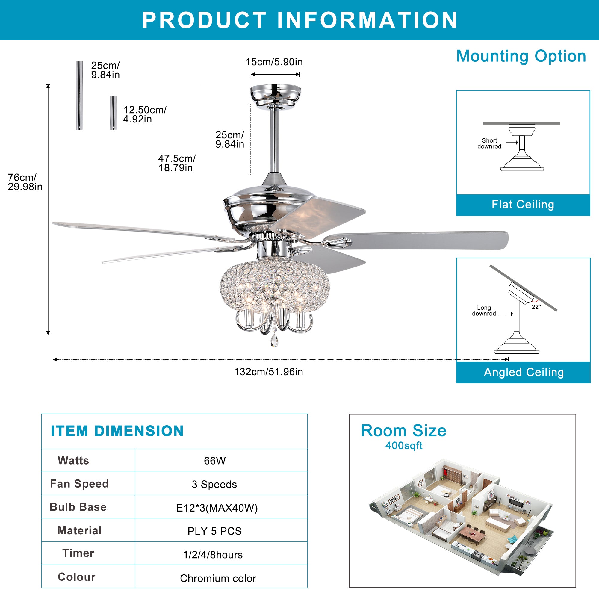 52 inch Crystal Ceiling Fan with Lights Fandelier chrome-american design-american