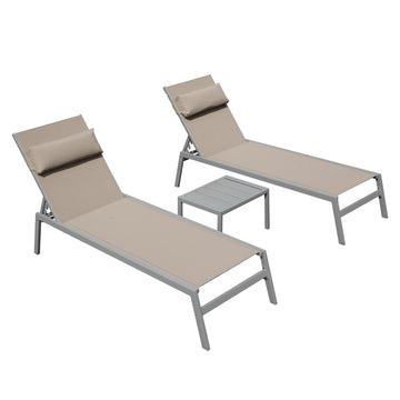 Patio Chaise Lounge Set Of 3, Aluminum Pool Lounge Chairs With Side Table, Outdoor Adjustable Recliner All Weather For Poolside, Beach, Yard, Balcony Khaki Khaki Aluminum