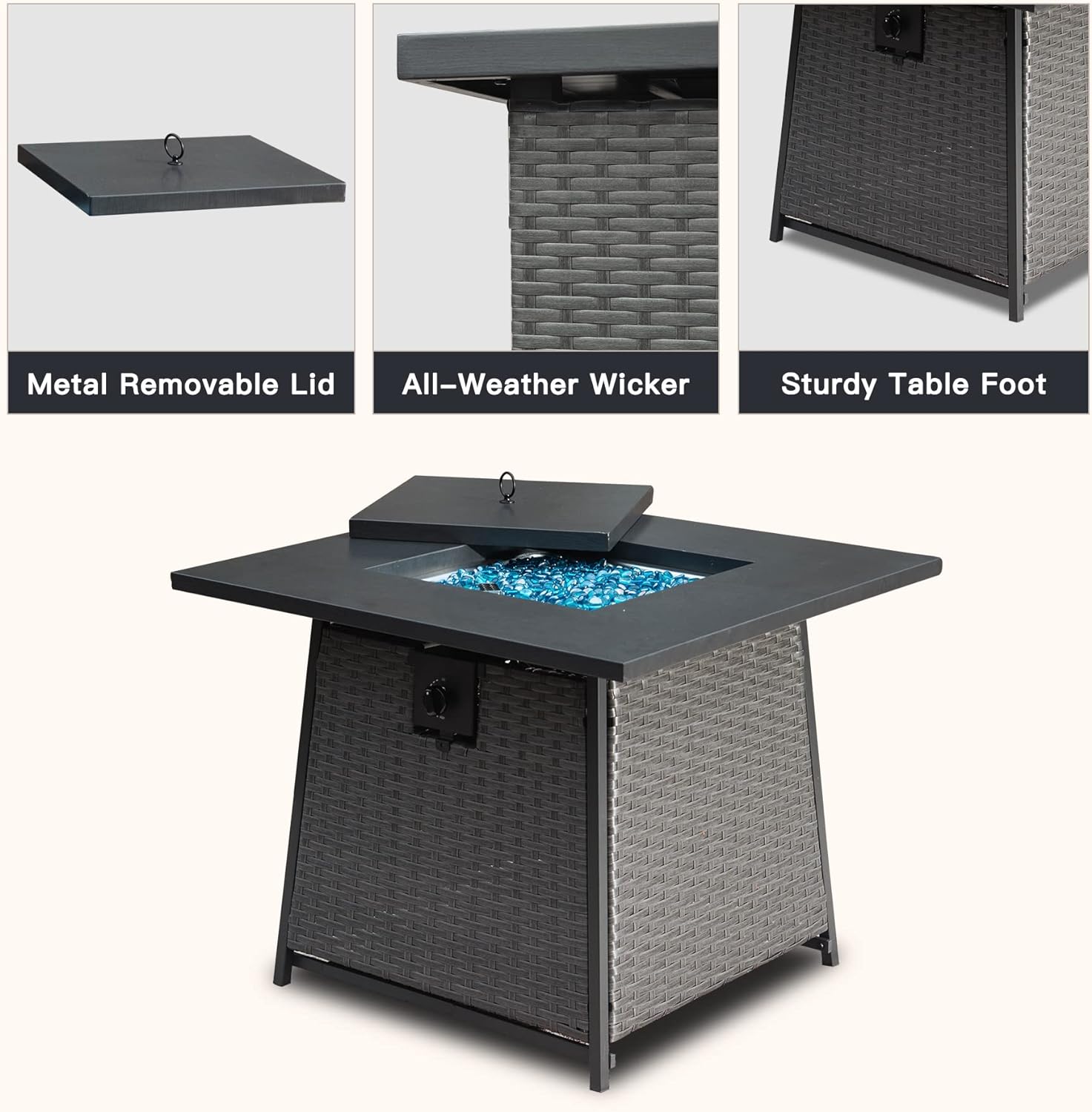 32 Inch Propane Fire Pits Table With Blue Glass Ball,50,000 Btu Outdoor Wicker Fire Table With Etl Certified,2 In 1 Square Steel Gas Firepits Dark Gray Dark Gray Metal