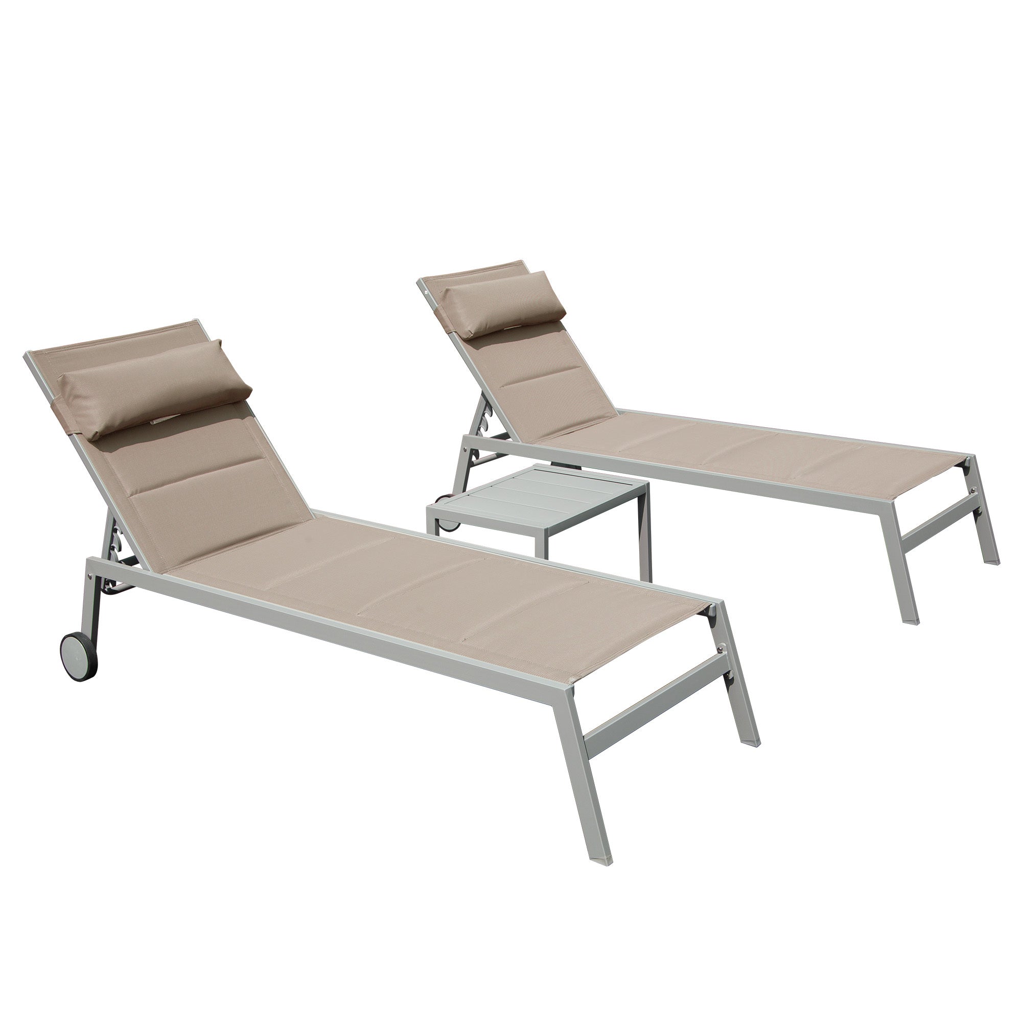 Outdoor Patio Chaise Lounge Set Of 3, Aluminum Pool Lounge Chairs With Side Table And Wheels, Textilene Padded Adjustable Recliner All Weather For Poolside, Beach, Yard, Balcony Khaki Khaki Aluminum