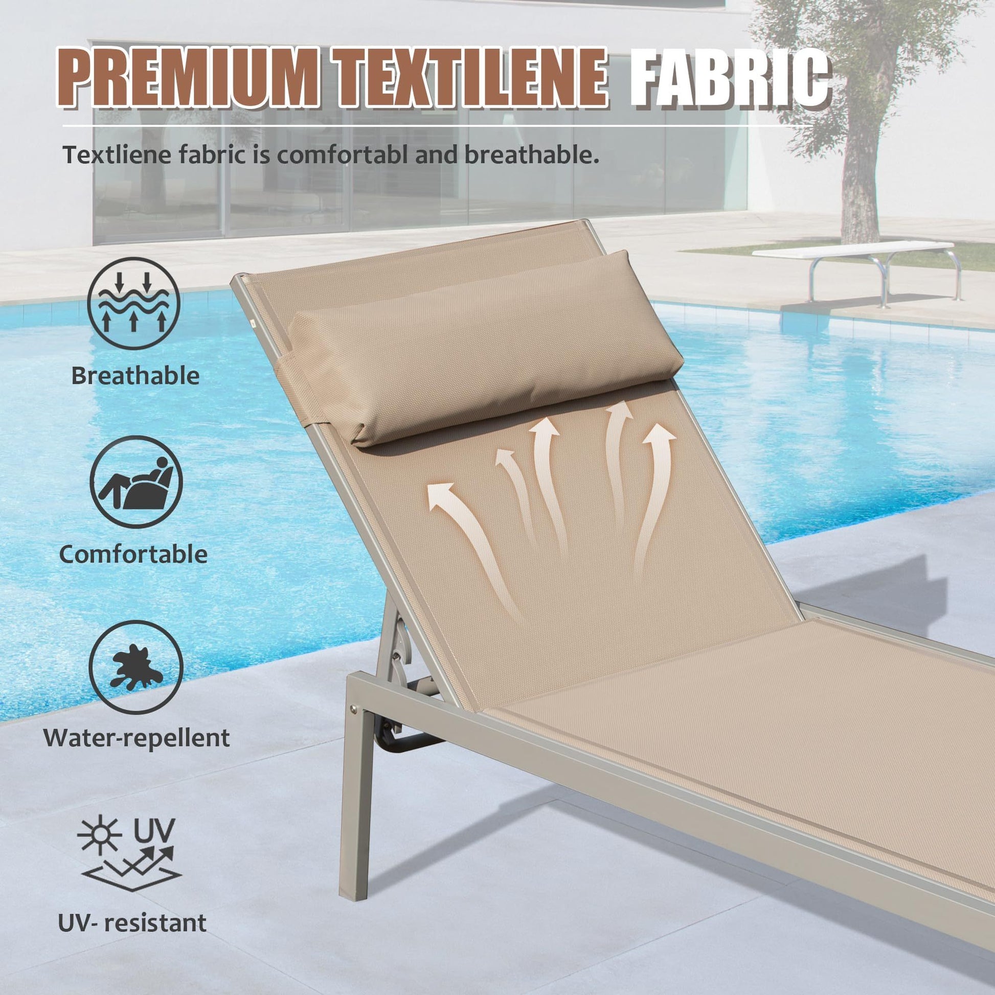 Patio Chaise Lounge Set Of 3, Aluminum Pool Lounge Chairs With Side Table, Outdoor Adjustable Recliner All Weather For Poolside, Beach, Yard, Balcony Khaki Khaki Aluminum