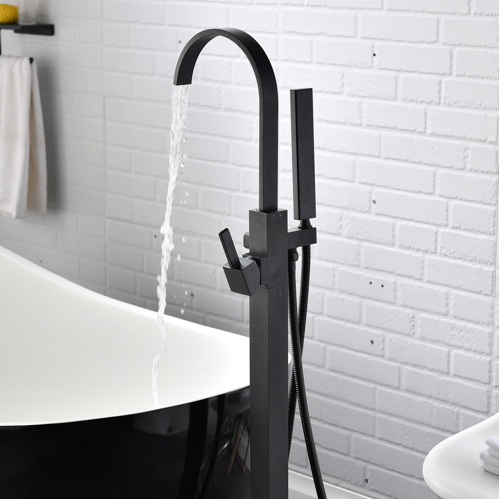 Single Handle Freestanding Tub Filler Floor Mount Bathtub Faucet With Handheld Shower Brushed Nickel Bathroom Joystick Claw Foot Tub Faucets Curved Two Black Pull Out Floor Mounted Cartridge Valve Single Hole Faucets Matte Black Classic,Modern 1 Hole