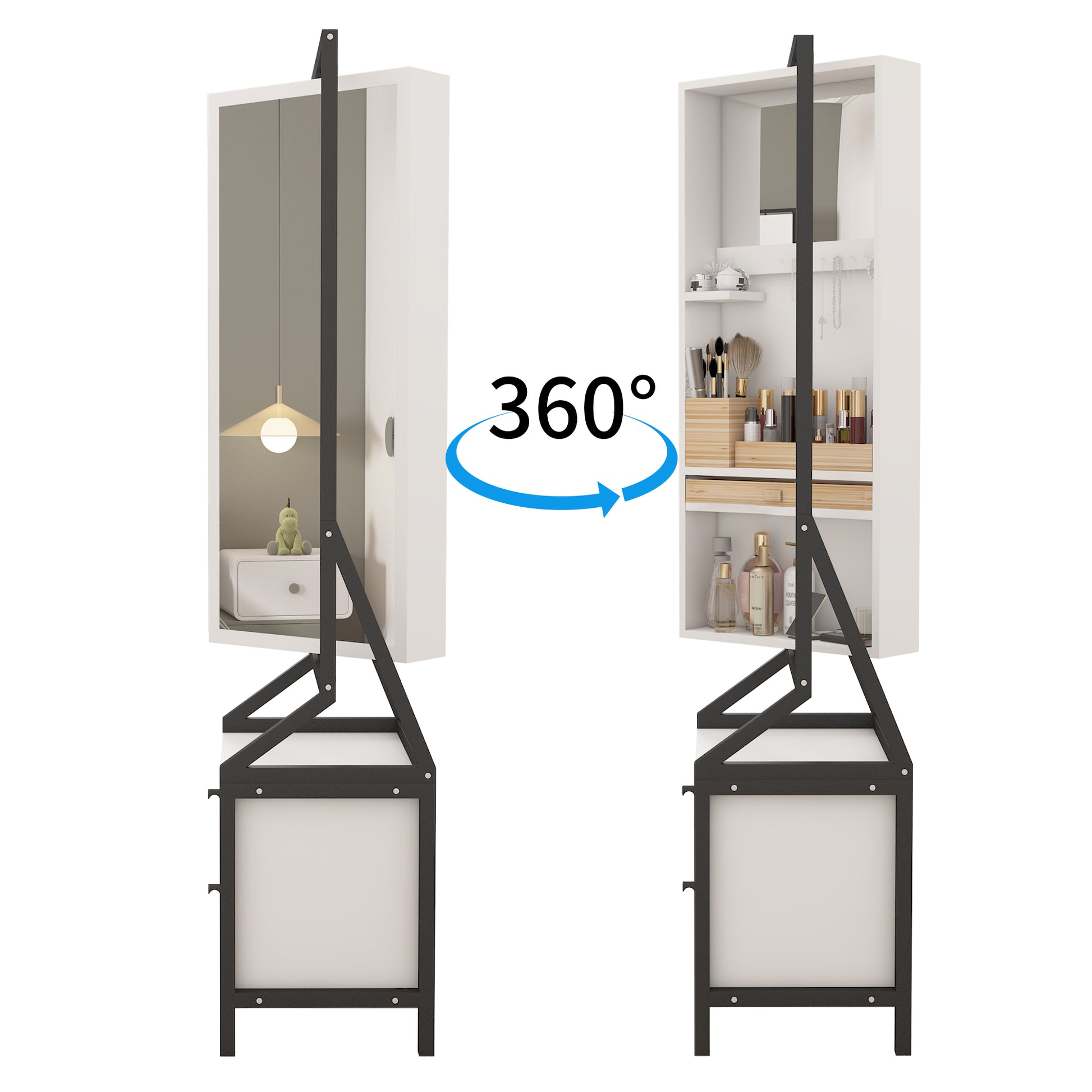 360 Swivel Jewelry Armoire & Makeup Mirror Cabinet With 2 Bottom Drawer, Rotates Freely, Spacious Storage Area, Hand Painted & Artisan White Finish White Modern Mdf