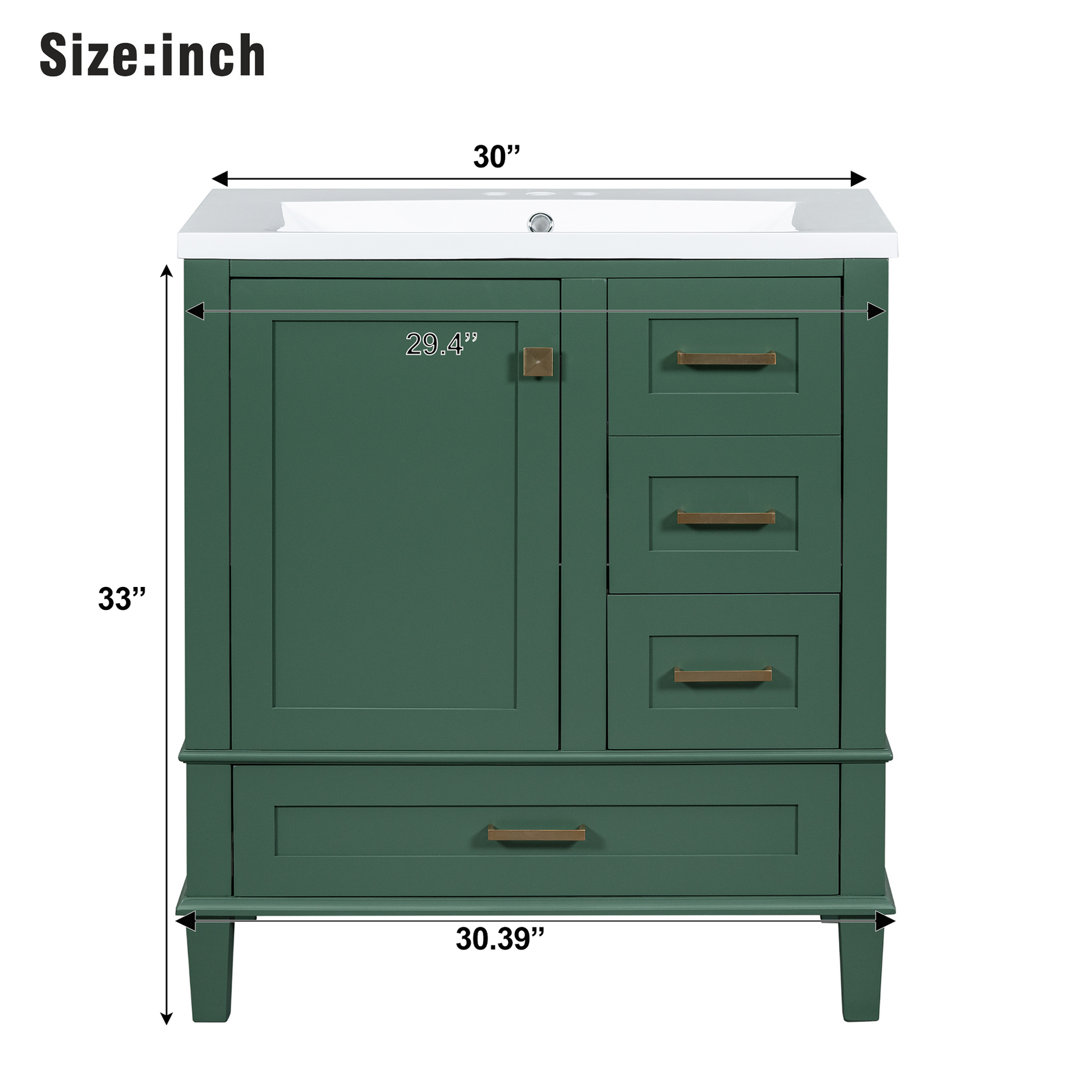 30" Bathroom Vanity In Green, Modern Bathroom Cabinet With Sink Combo Set, Bathroom Storage Cabinet With A Soft Closing Door And 3 Drawers, Solid Wood Frame Resin Basin Green Solid Wood Mdf