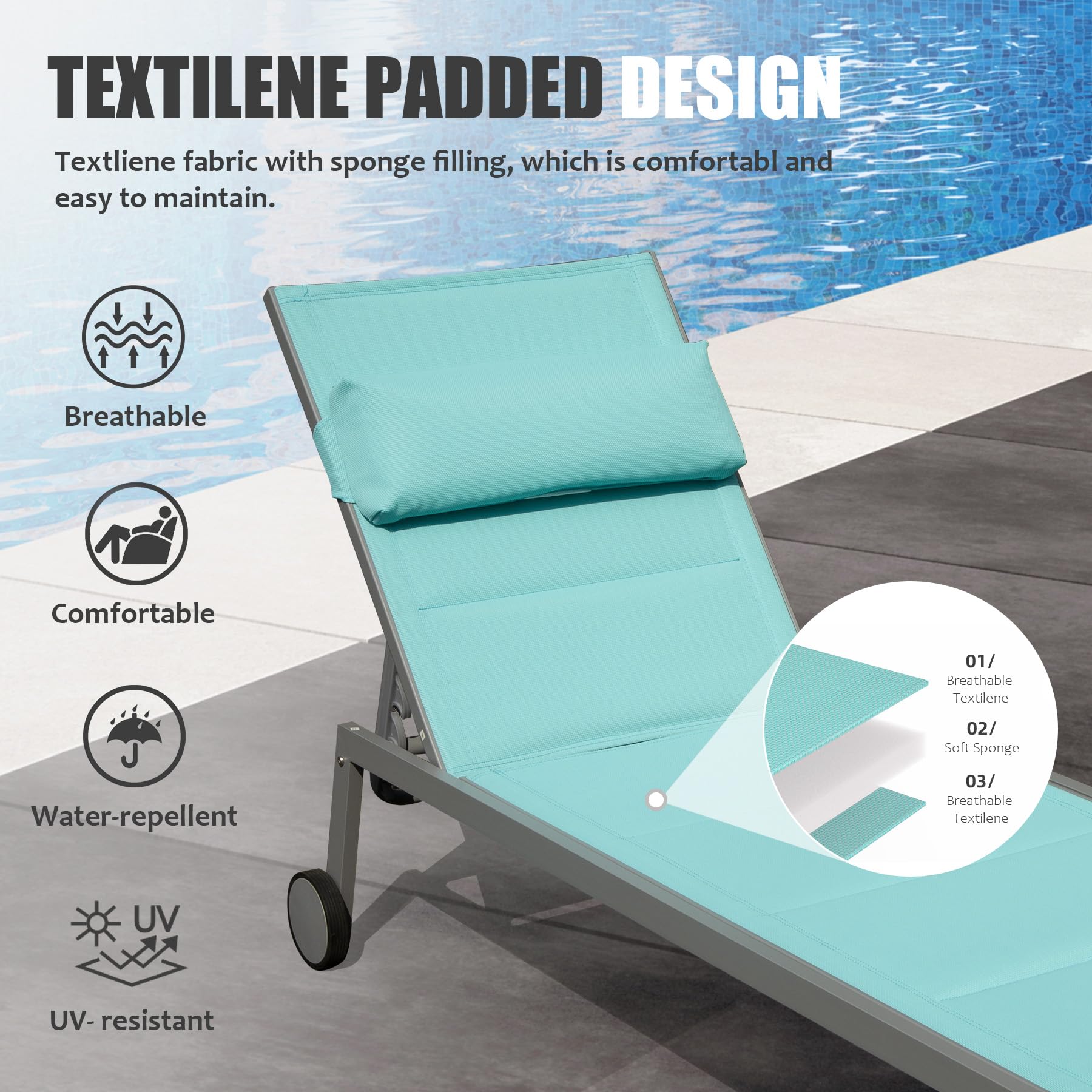 Outdoor Patio Chaise Lounge Set Of 3, Aluminum Pool Lounge Chairs With And Wheels, Textilene Padded Adjustable Recliner All Weather For Poolside, Beach, Yard, Balcony Lake Blue Lake Blue Aluminum