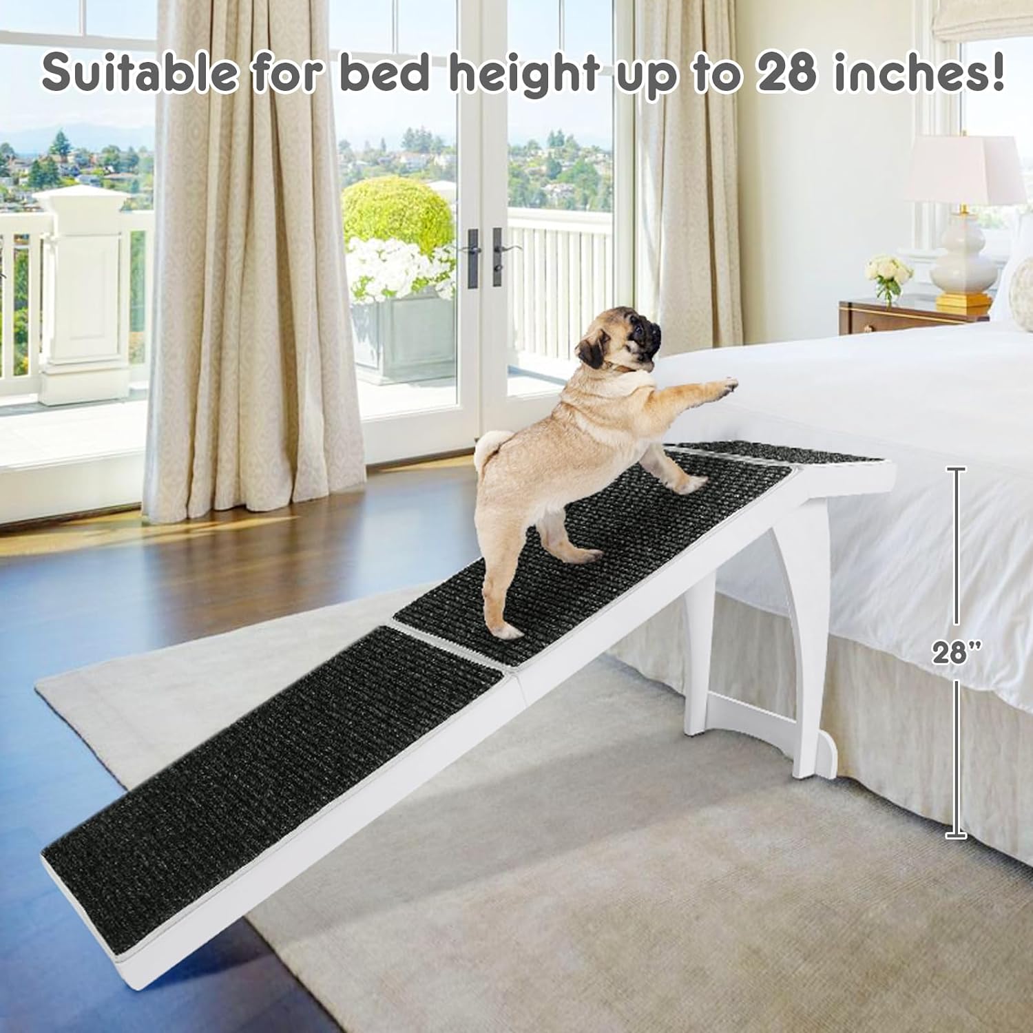 Dog Ramp For High Bed, Pet Bed Ramp, Dog Stairs, Cat Ramp, Dog Steps For Elevated Surface Up To 28", Suitable For Small To Extra Large Dogs 71 Inches White Wood