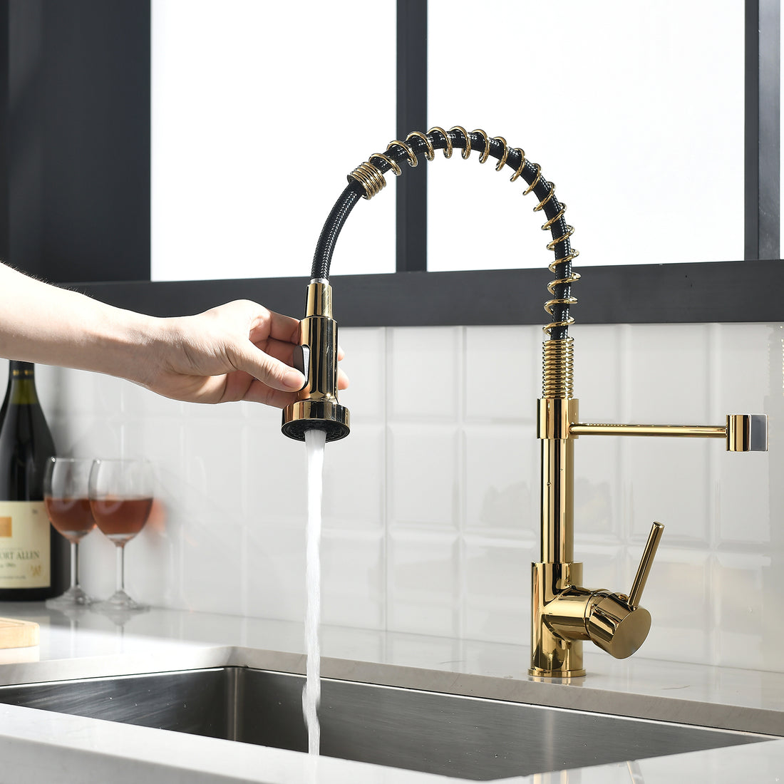 Commercial Black And Gold Kitchen Faucet With Pull Down Sprayer, Single Handle Single Lever Kitchen Sink Faucet Black Gold Kitchen Contemporary Ceramic Brass