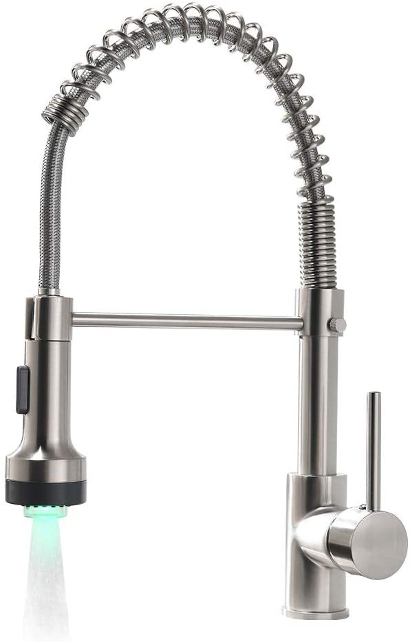 Commercial Led Kitchen Faucet With Pull Down Sprayer, Single Handle Single Lever Kitchen Sink Faucet Brushed Nickel Kitchen Contemporary Ceramic Brass