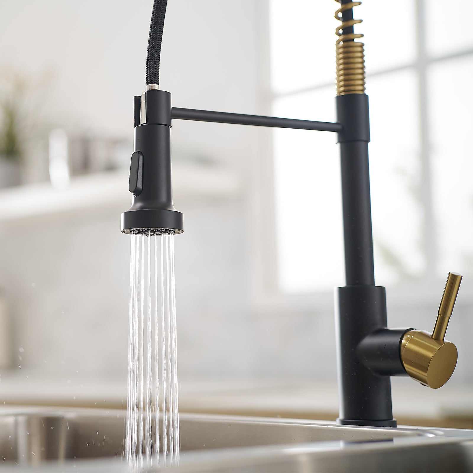 Commercial Black And Nickel Gold Kitchen Faucet With Pull Out Sprayer, Single Handle Single Lever Kitchen Sink Faucet Beige Gold Kitchen Contemporary Ceramic Stainless Steel