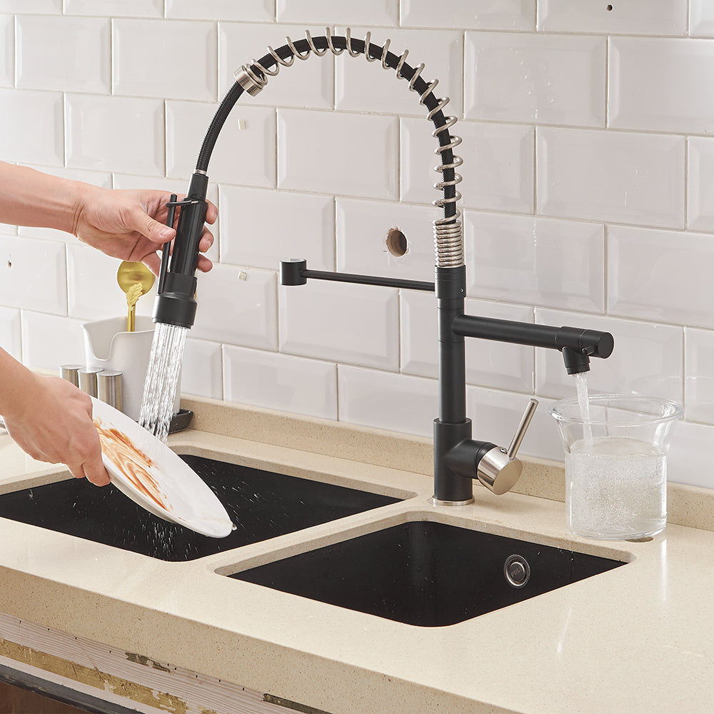 Commercial Kitchen Faucet With Pull Down Sprayer, Single Handle Single Lever Kitchen Sink Faucet Black Silver Kitchen Contemporary Ceramic Brass