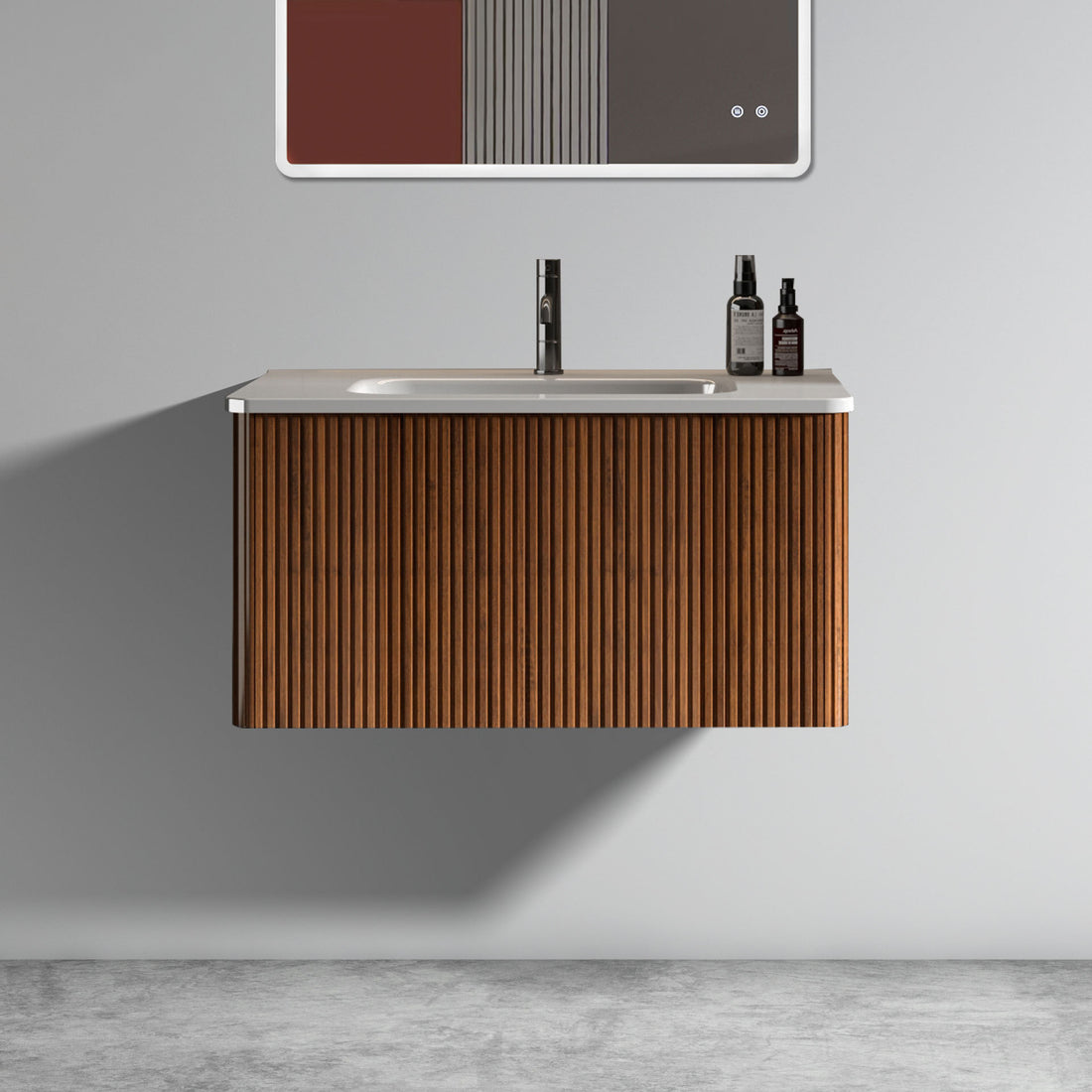 U047 Etna30W 305 Etna 30" Striped Walnut Bathroom Vanity With White Ceramic Sink, Wall Mounted Floating Bathroom Vanity For Modern Bathroom, Pre Assembled White Walnut Melamine