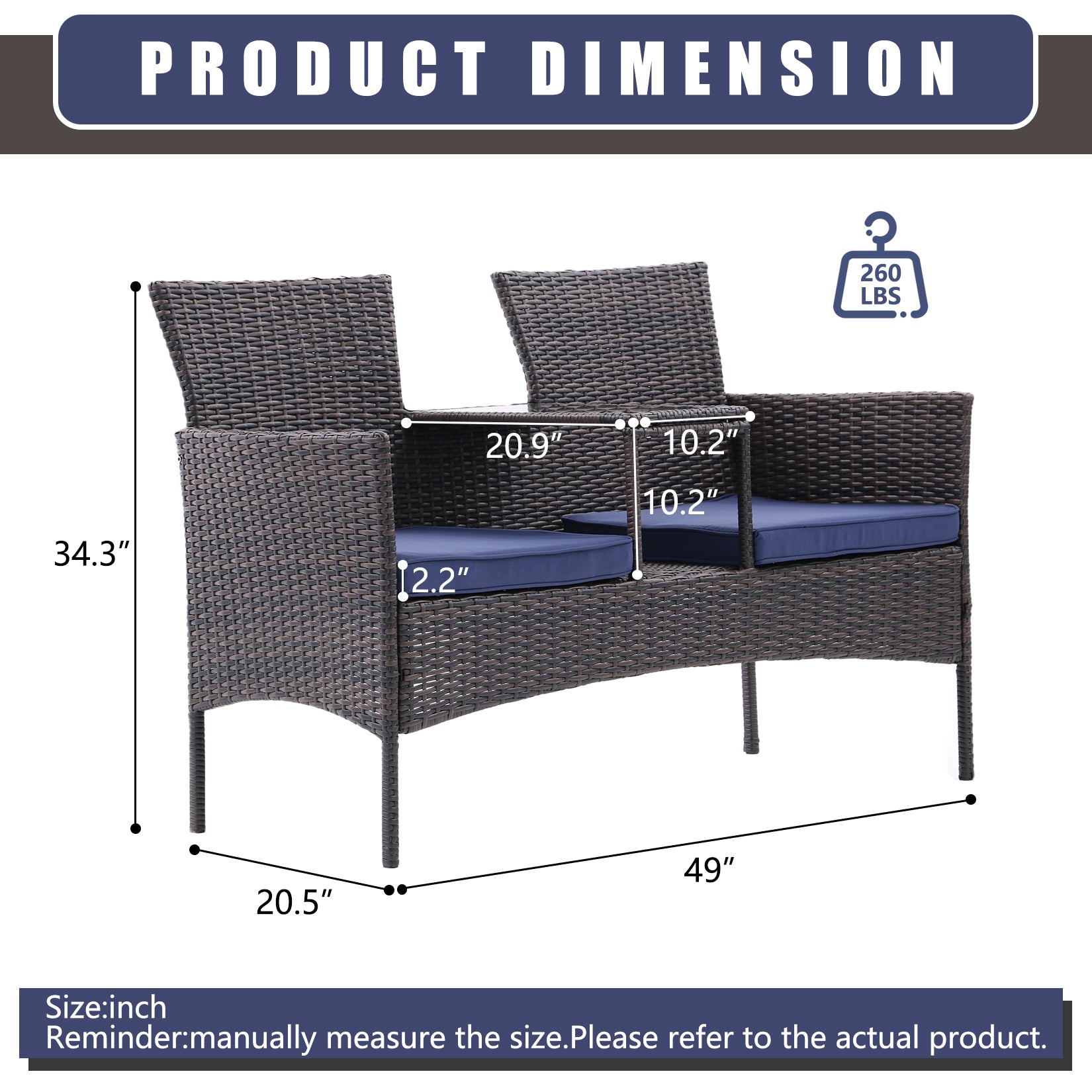 Outdoor Patio Loveseat Set,All Weather Pe Rattan And Steel Frame Conversation Furniture With Built In Coffee Table,Tempered Glass Top And Removable Cushions For Garden Lawn Backyard Brown Blue Yes Brown Blue Seats 2 Pe Rattan Iron Waterproof Fabric