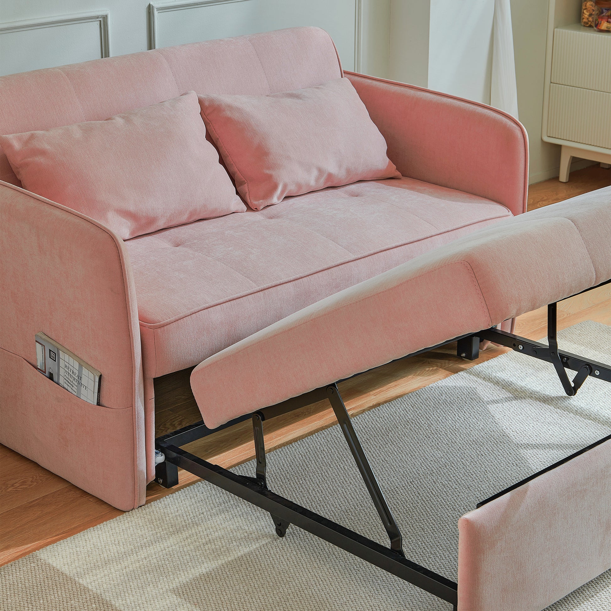 Chenille Fabric Pull Out Sofa Bed,Sleeper Seat Couch With Adjustable Armrests Pink Pink Fabric 2 Seat