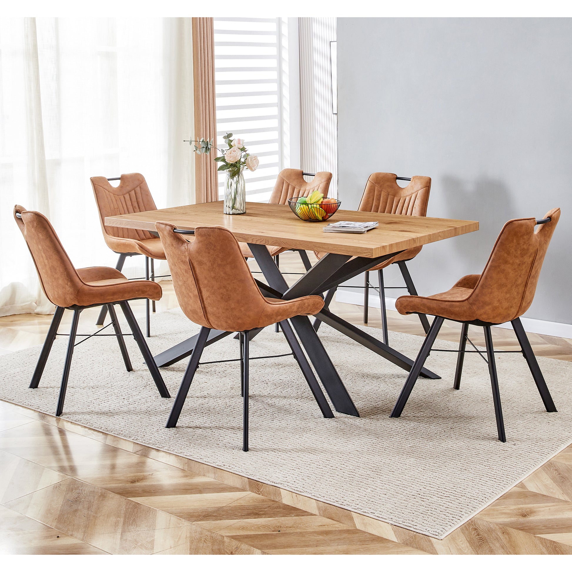63 Inch, Rectangle Dining Table Set For 4 6 People, Oak Wood Effect, Ideal For Kitchen, Dining, Living, Meeting, Banquet Oak Dining Room Modern Rectangular Kitchen & Dining Tables Mdf Steel