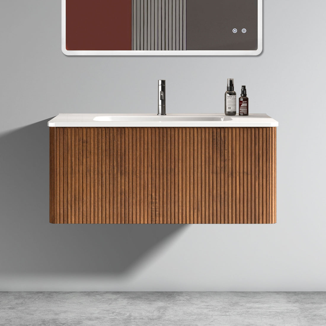 U048 Etna36W 305 Etna 36" Striped Walnut Bathroom Vanity With White Ceramic Sink, Wall Mounted Floating Bathroom Vanity For Modern Bathroom, Pre Assembled White Walnut Melamine