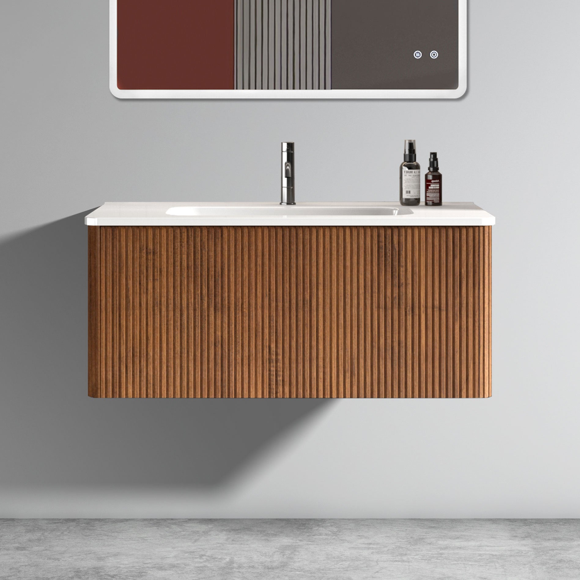 U048 Etna36W 305 Etna 36" Striped Walnut Bathroom Vanity With White Ceramic Sink, Wall Mounted Floating Bathroom Vanity For Modern Bathroom, Pre Assembled White Walnut Melamine