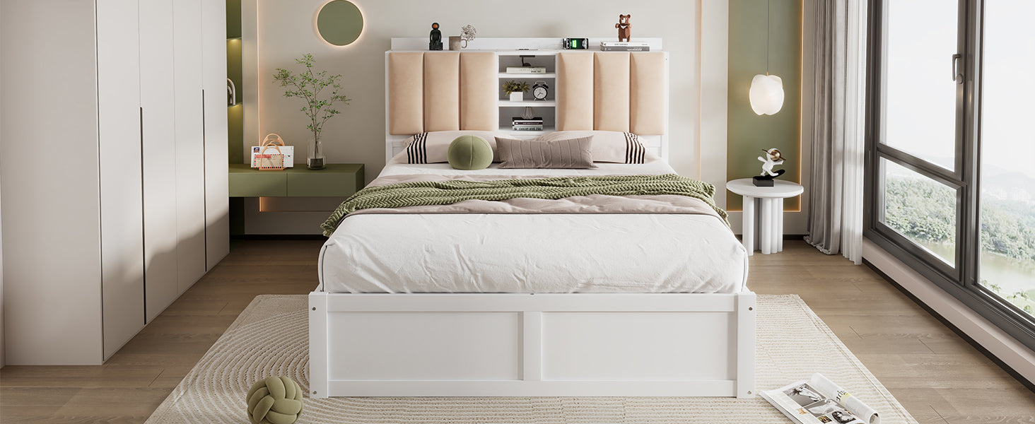 Wood Full Size Platform Bed With Storage Headboard And 4 Drawers, White Box Spring Not Required Full Antique White Wood Bedroom Bed Frame Solid Wood Mdf