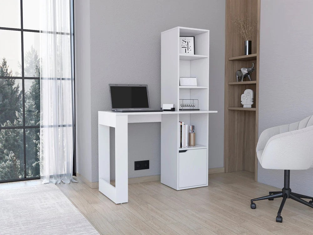 Writing Desk With Bookcase And Cabinet, White White Particle Board Particle Board