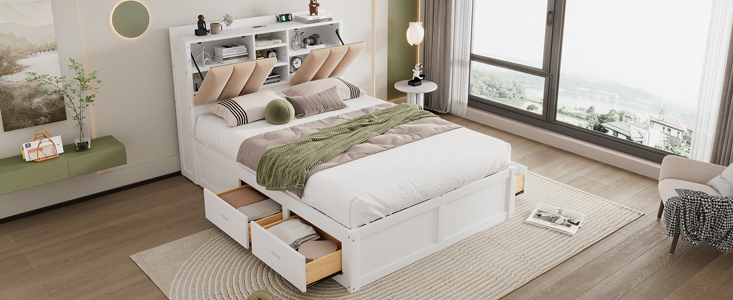 Wood Full Size Platform Bed With Storage Headboard And 4 Drawers, White Box Spring Not Required Full Antique White Wood Bedroom Bed Frame Solid Wood Mdf