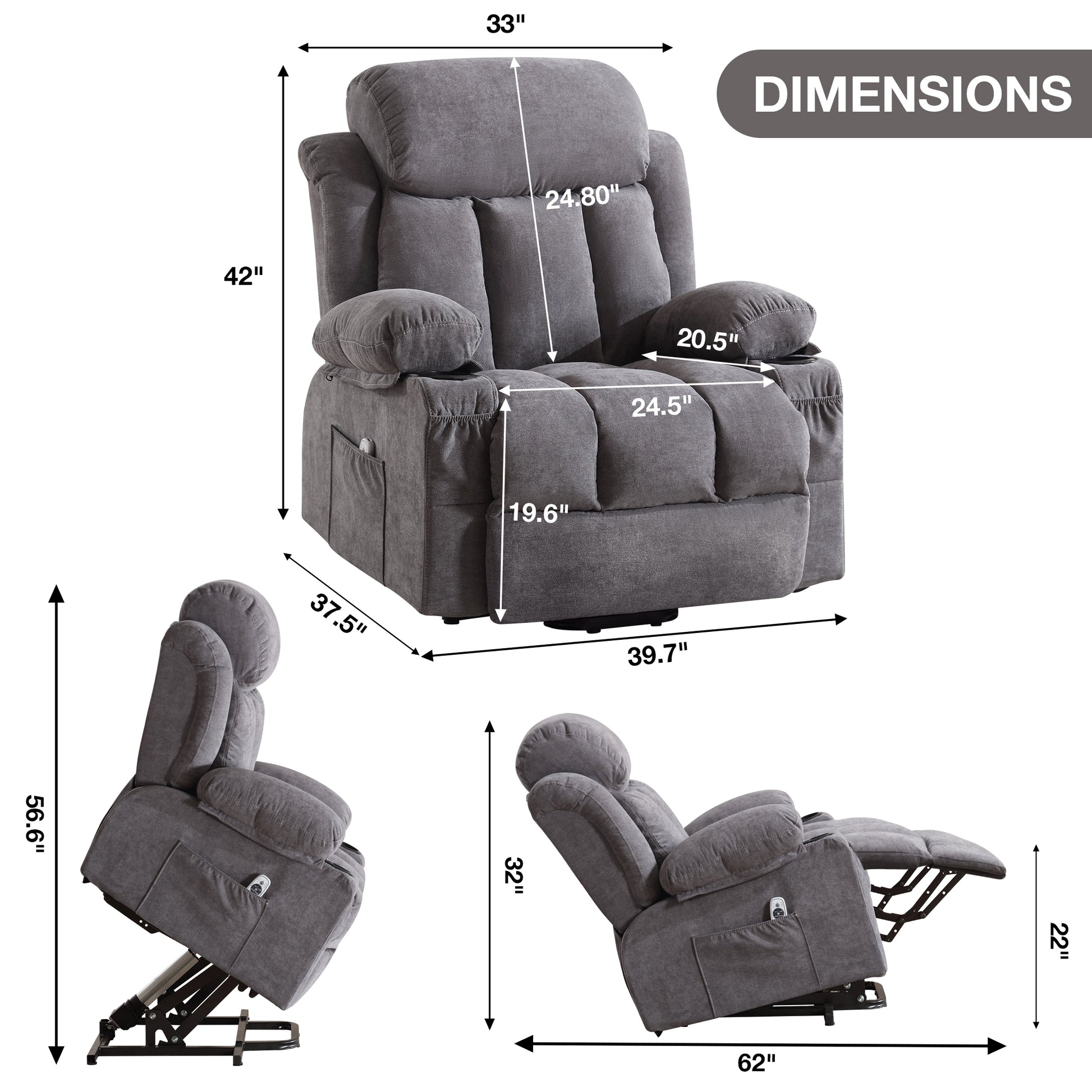 Power Lift Recliner Chair With Heat And Massage Electric Fabric Recliner Chair For Elderly With Side Pocket, Usb Charge Port, Remote Control For Living Room Grey A B Grey Linen Metal Soft Heavy Duty Cotton Linen