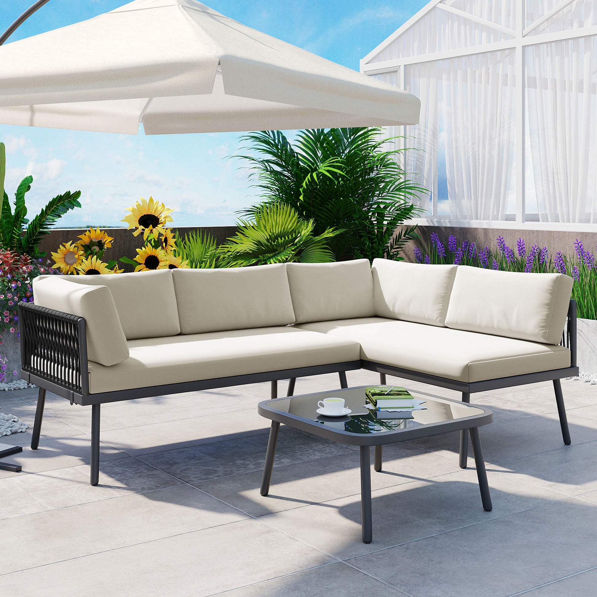 Modern Outdoor Piece Pe Rattan Sofa Set All Weather Patio Metal Sect