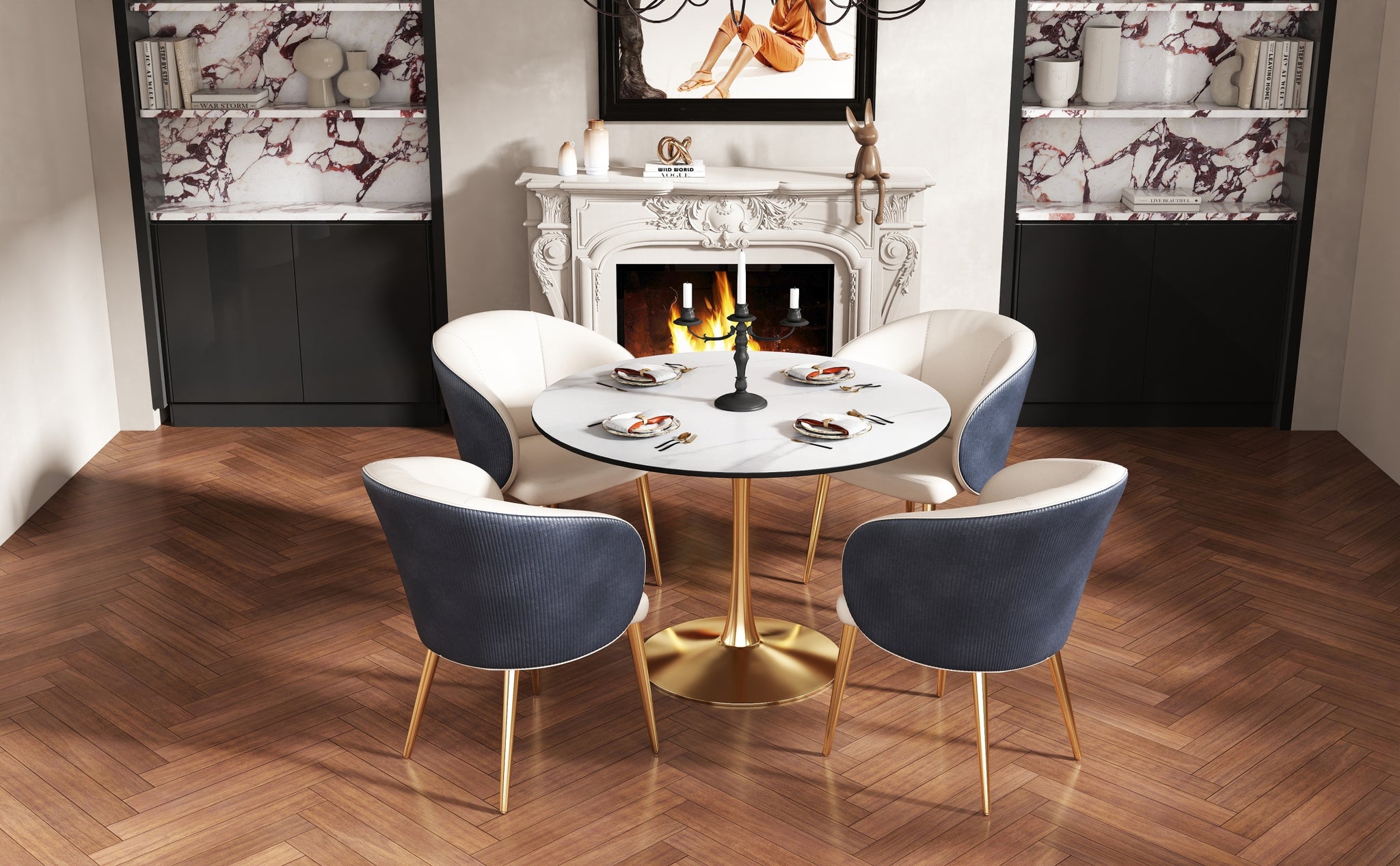 Living Room Dining Table White Round Table With Gold Legs 80Cm In Diameter. Golden White Mdf