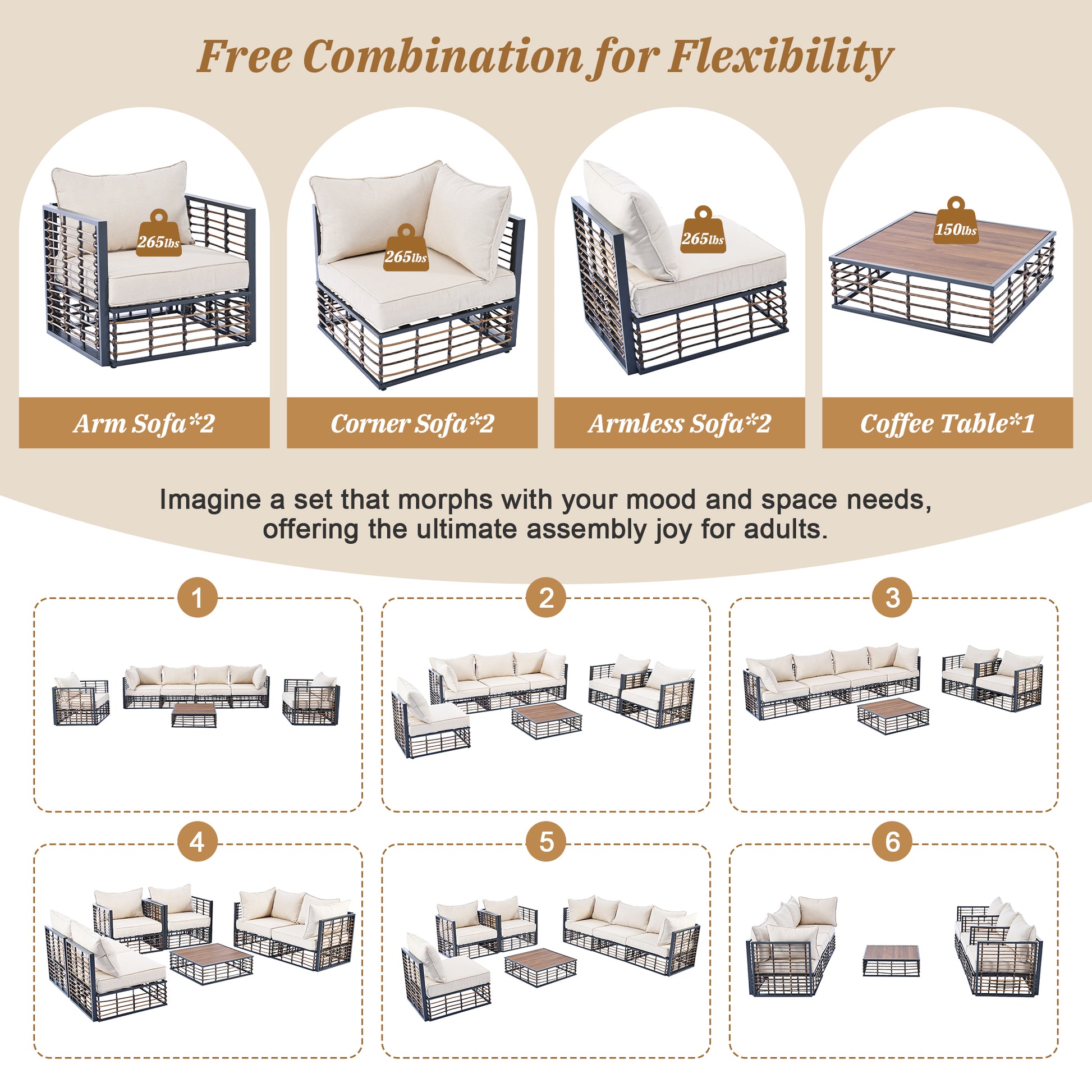 Modern Minimalist 7 Piece Metal Patio Sectional Sofa Set, All Weather Garden Conversational Furniture Set With Thick Cushions And Coffee Table For Indoor Outdoor, Gray Yes Deep Seating White Weather